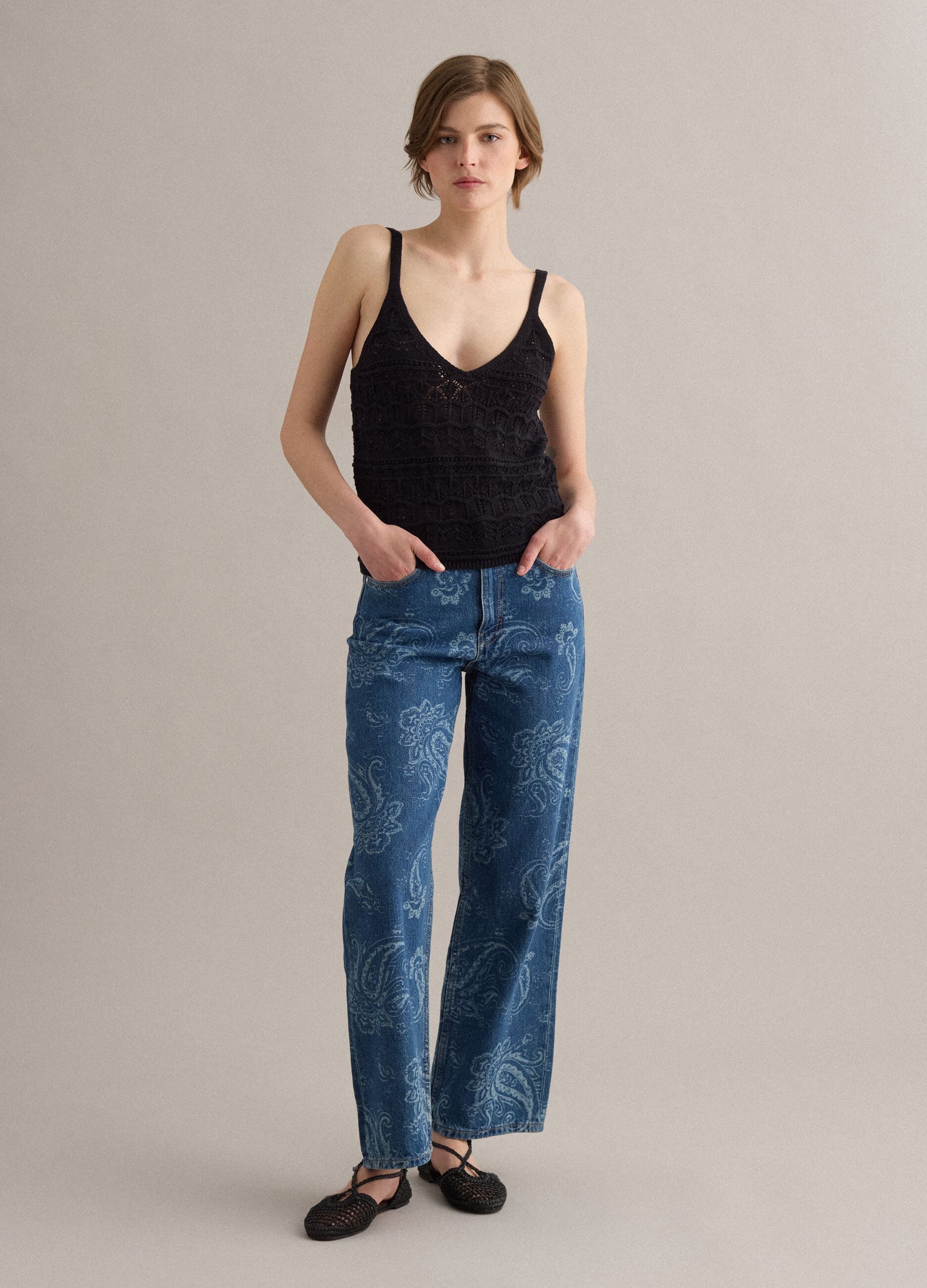 Black pure cotton regular-fit vest top with open-knit texture