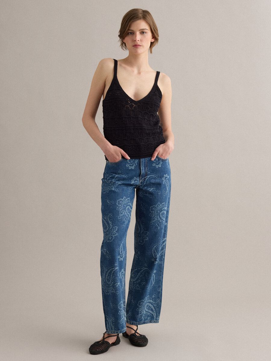 Black pure cotton regular-fit vest top with open-knit texture_1