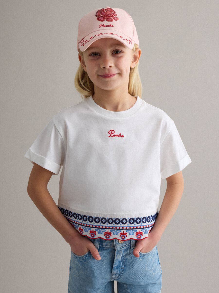 Girls' white pure cotton T-shirt regular fit with embroidery_0