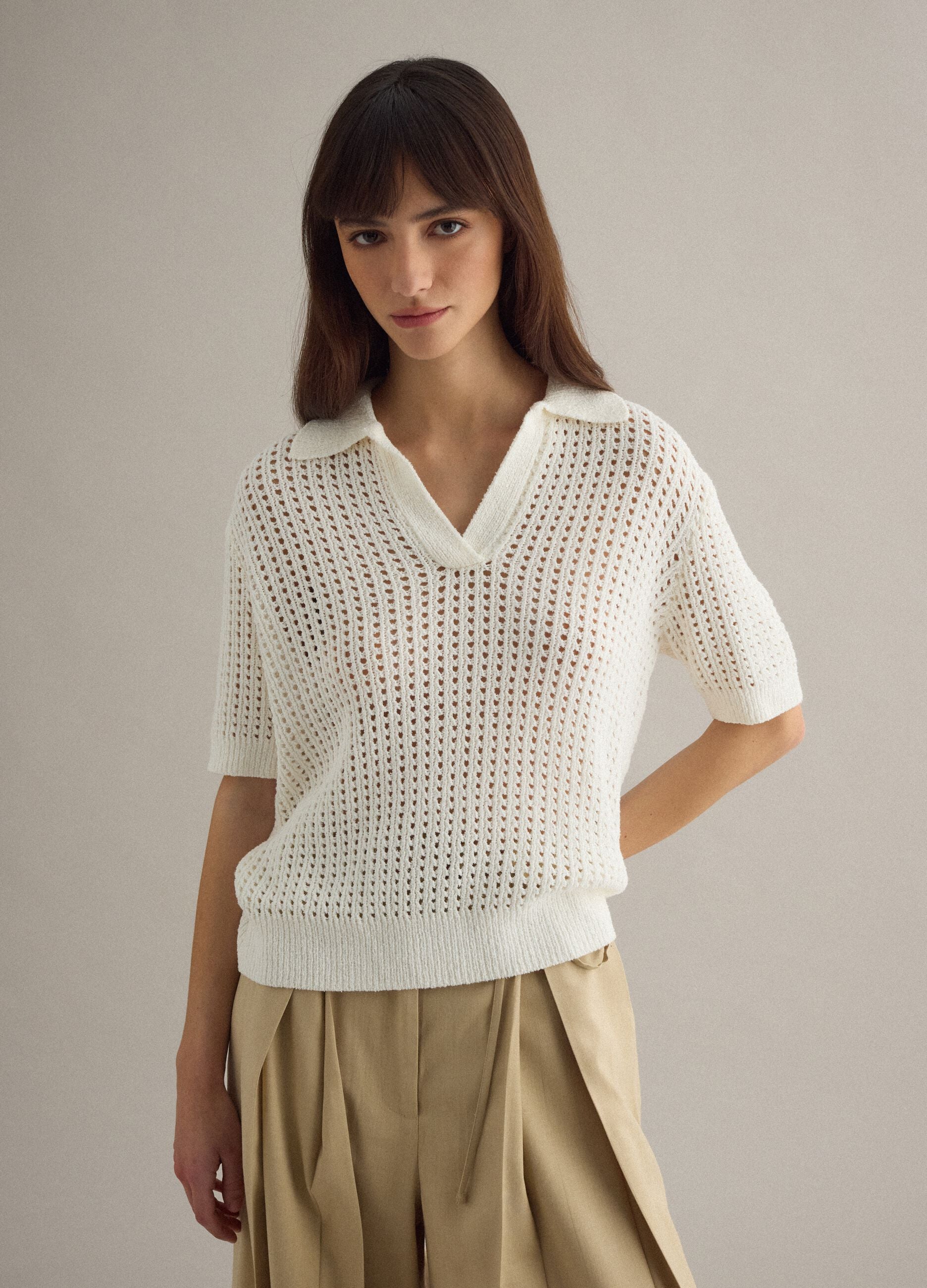 White cotton blend perforated polo collar shirt, regular fit