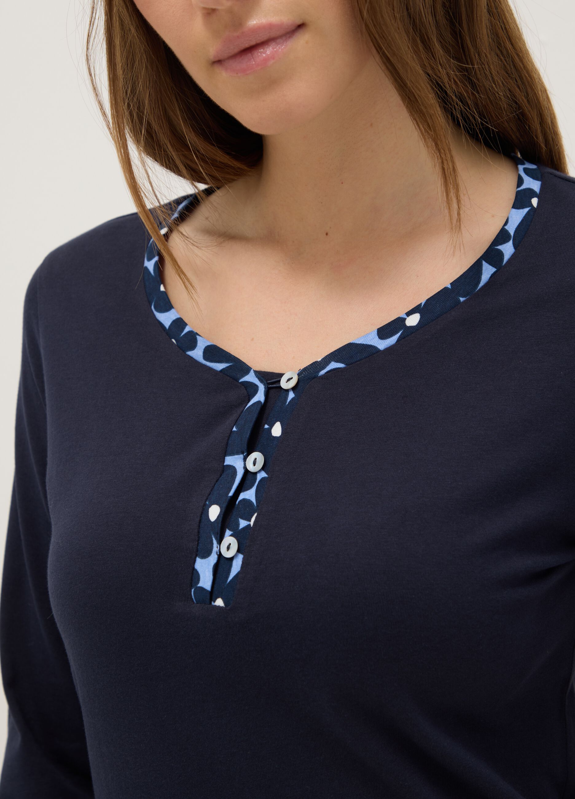 Blue nightshirt in pure cotton regular fit with Henley neckline