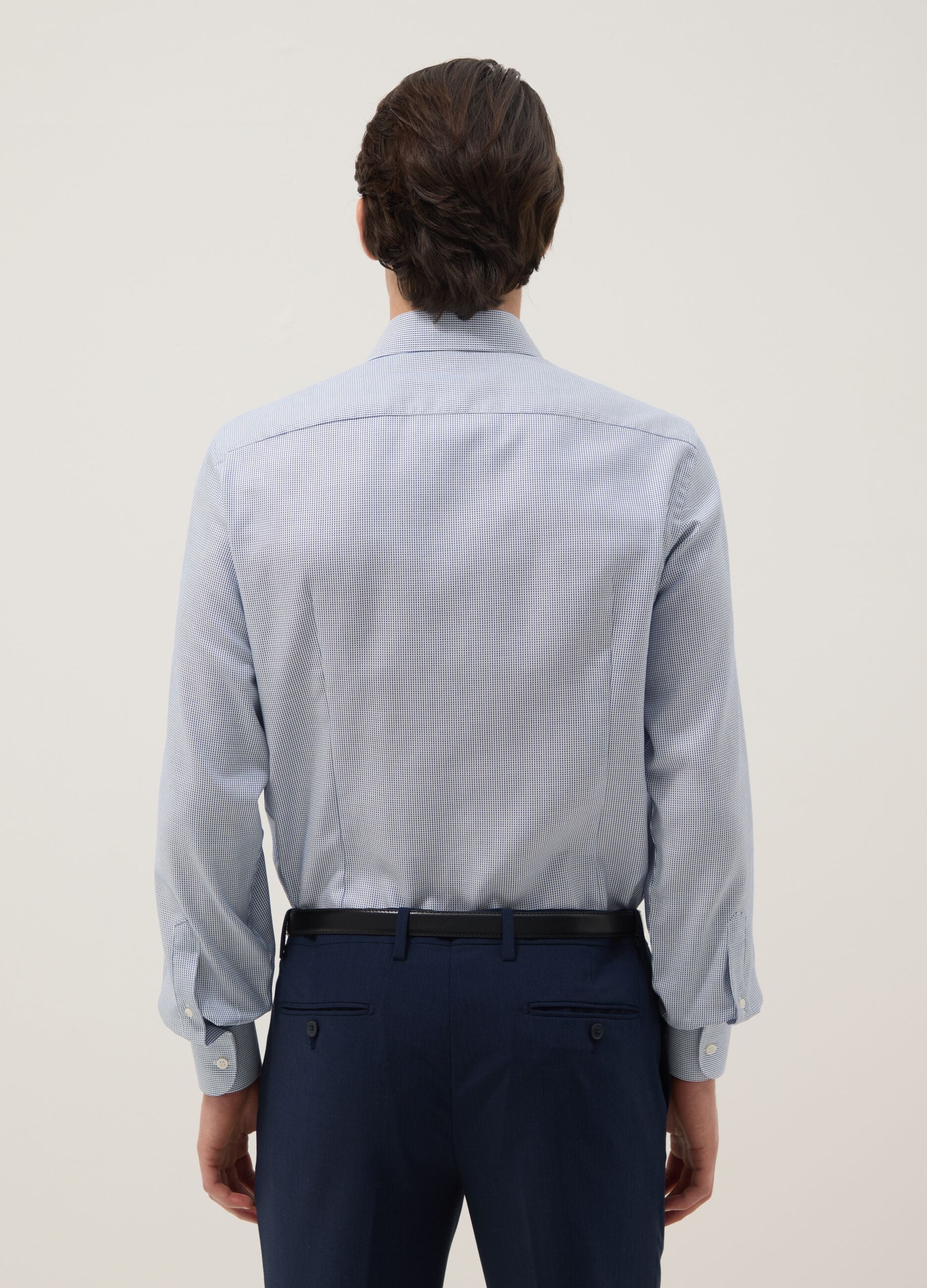 Light blue slim fit cotton shirt with micro-checks