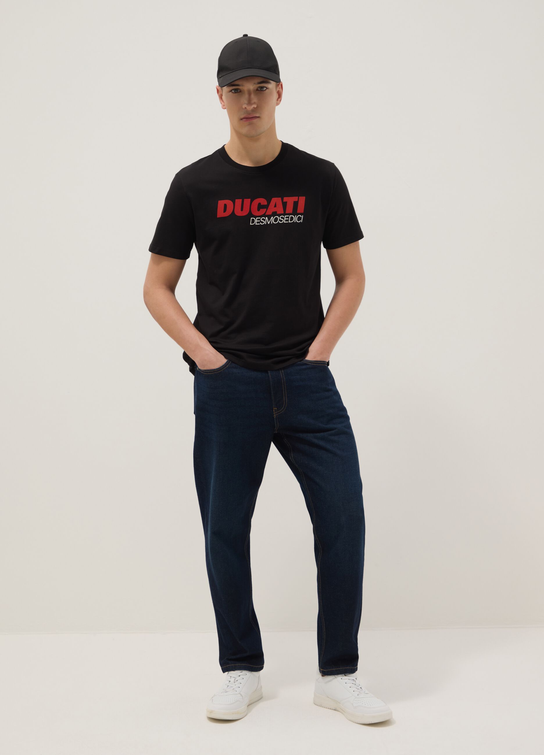 Black regular fit pure cotton T-shirt with Ducati print