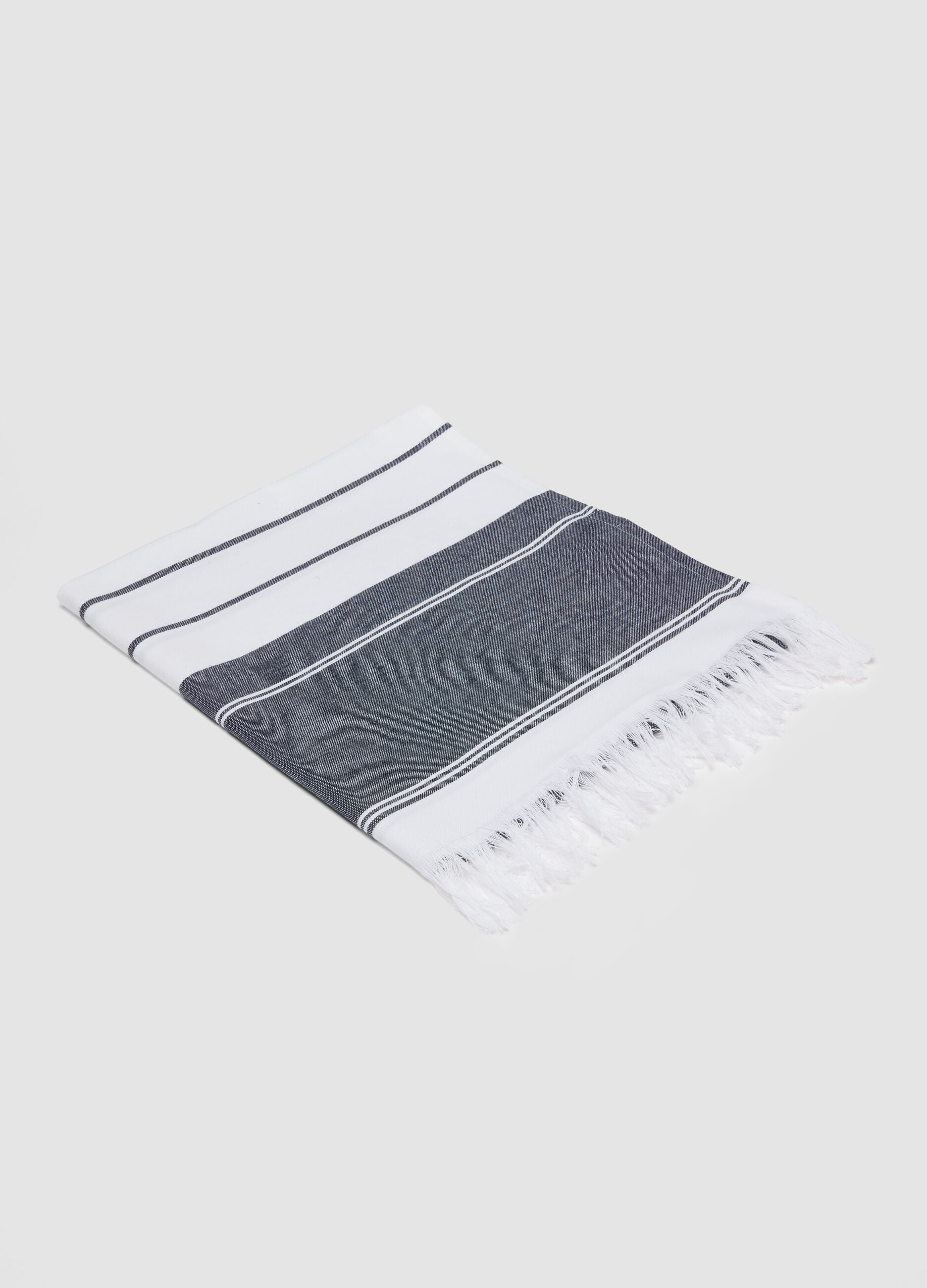 Blue and white pure cotton beach towel with fringes