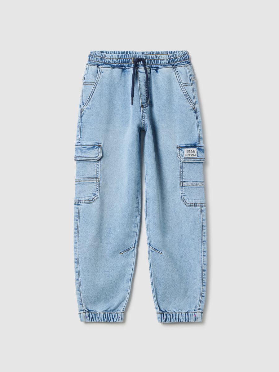 Children's regular fit blue cargo jeans in cotton blend with elastic_0