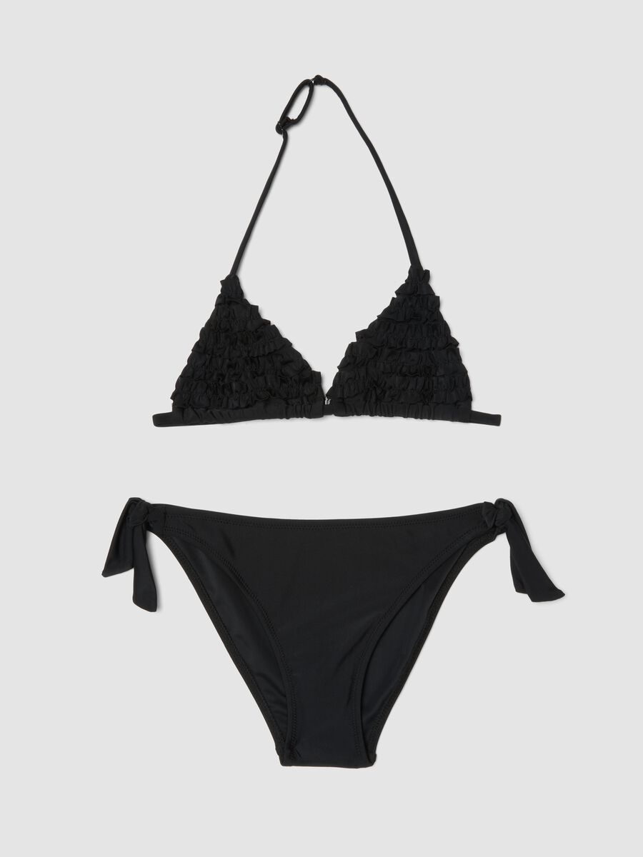 Bikini nero a triangolo in tessuto elasticizzato con volant_0