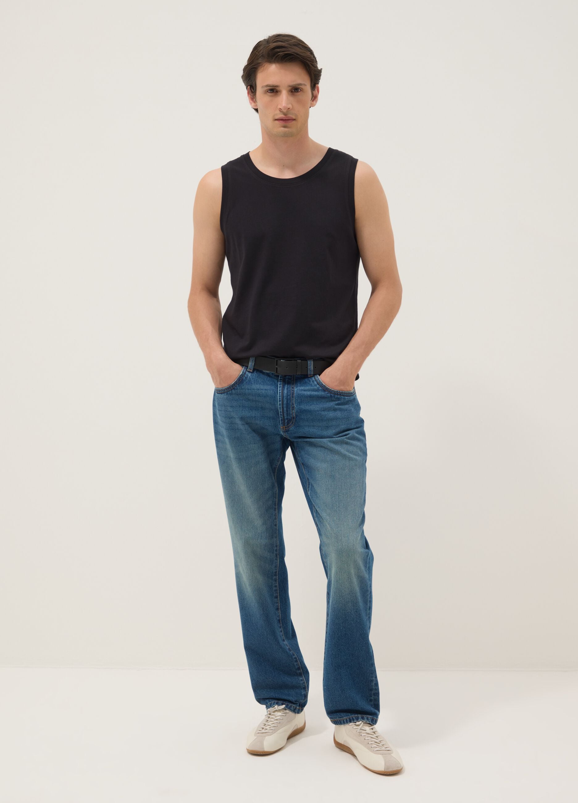 Black crew-neck cotton vest top, regular fit