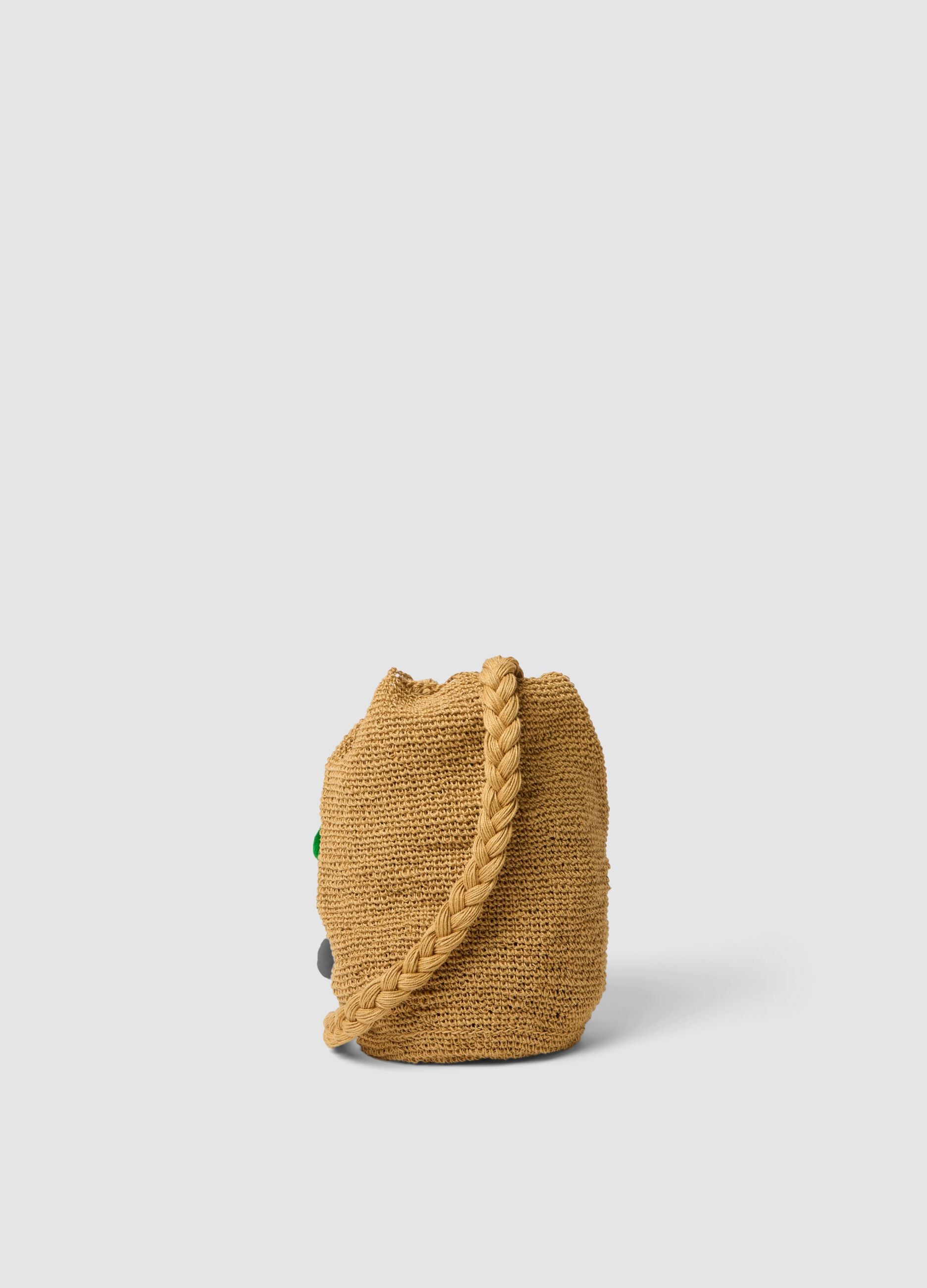 Brown pure jute beach bag with pom‑poms