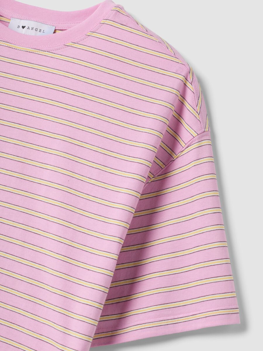 Pink pure cotton T-shirt with yellow stripes, boxy fit_5