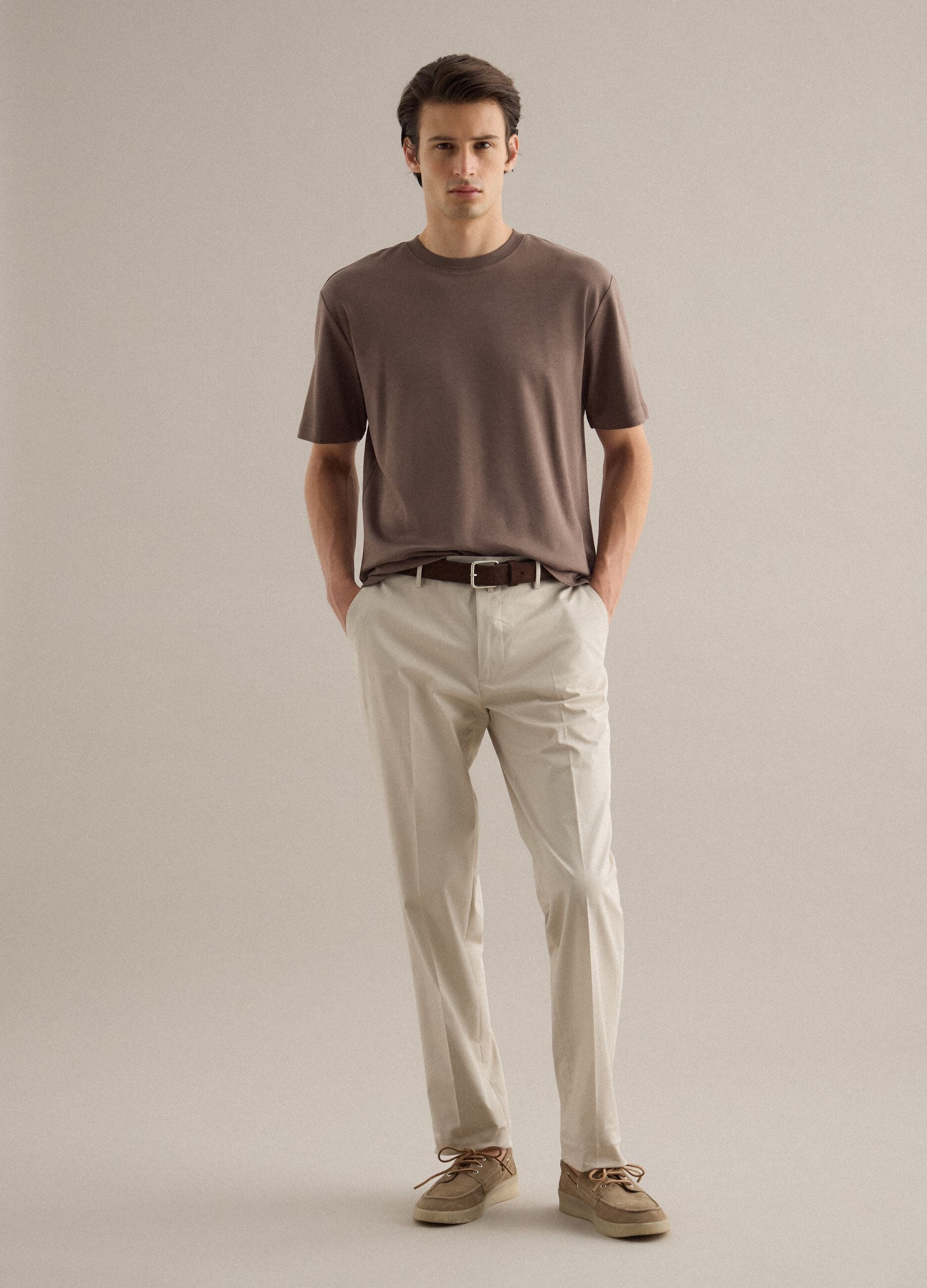 Brown pure cotton regular fit crew-neck T-shirt