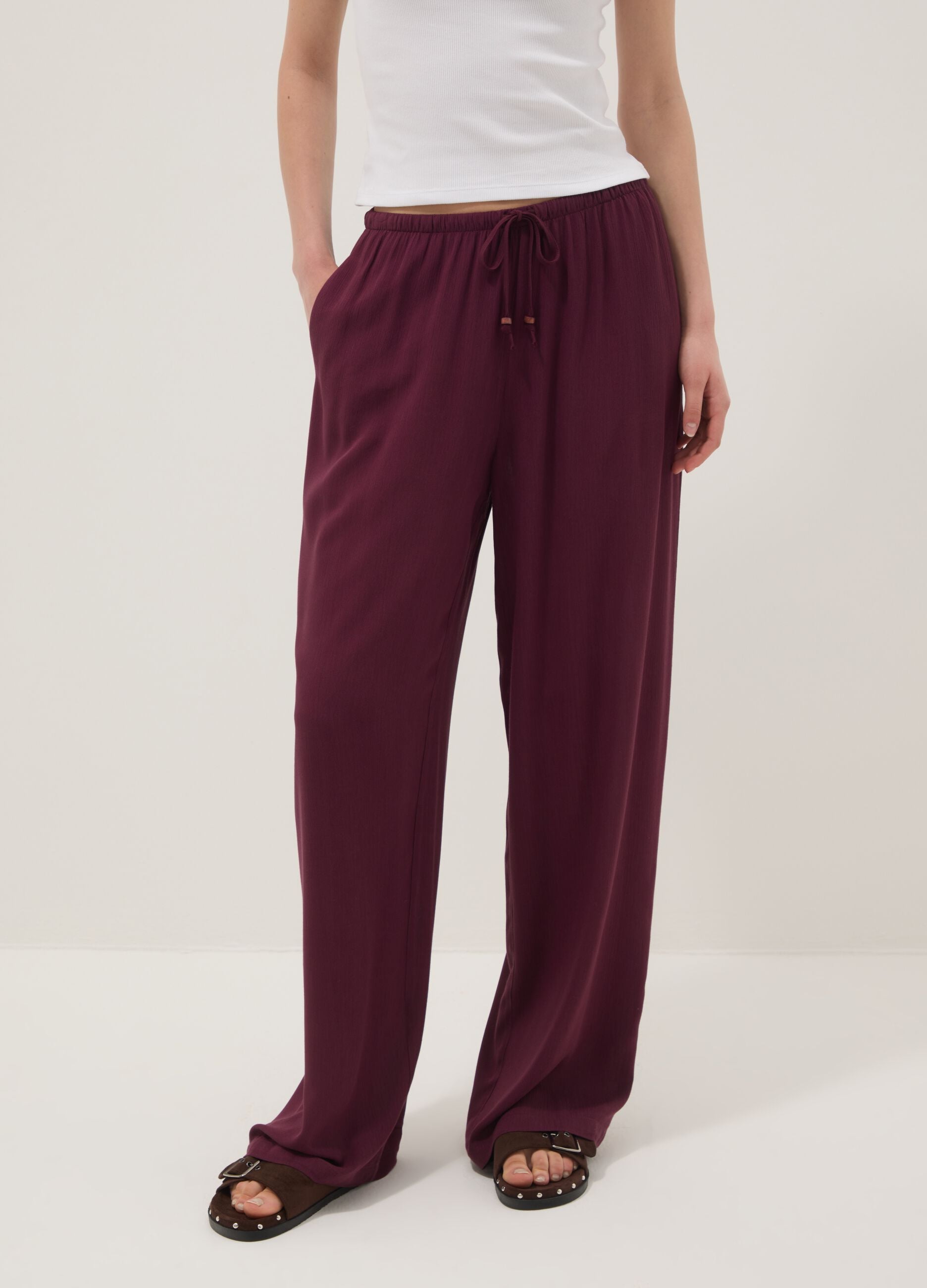 Purple pure viscose trousers with drawstring, relaxed fit