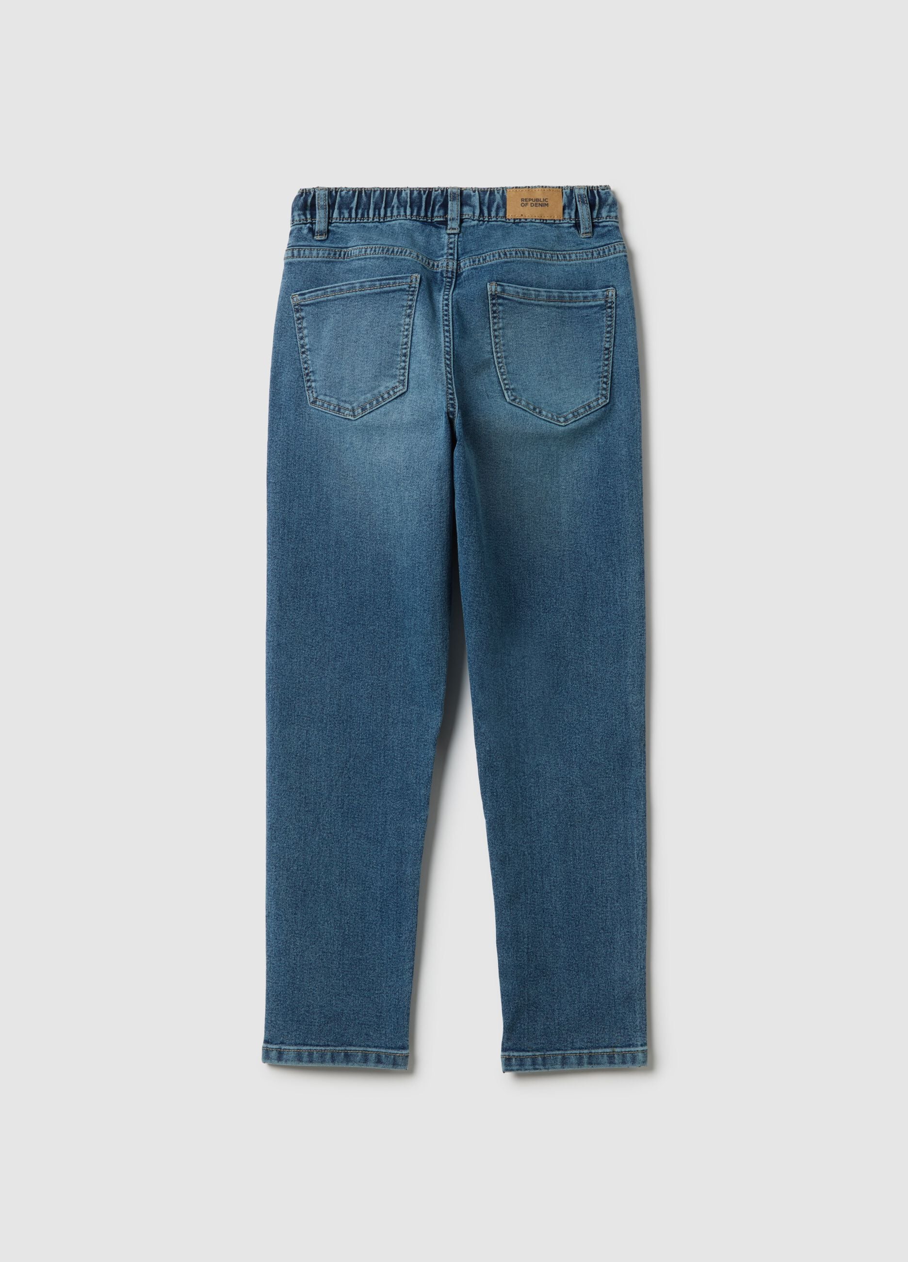 Blue cotton blend regular fit jeans with elastic waistband