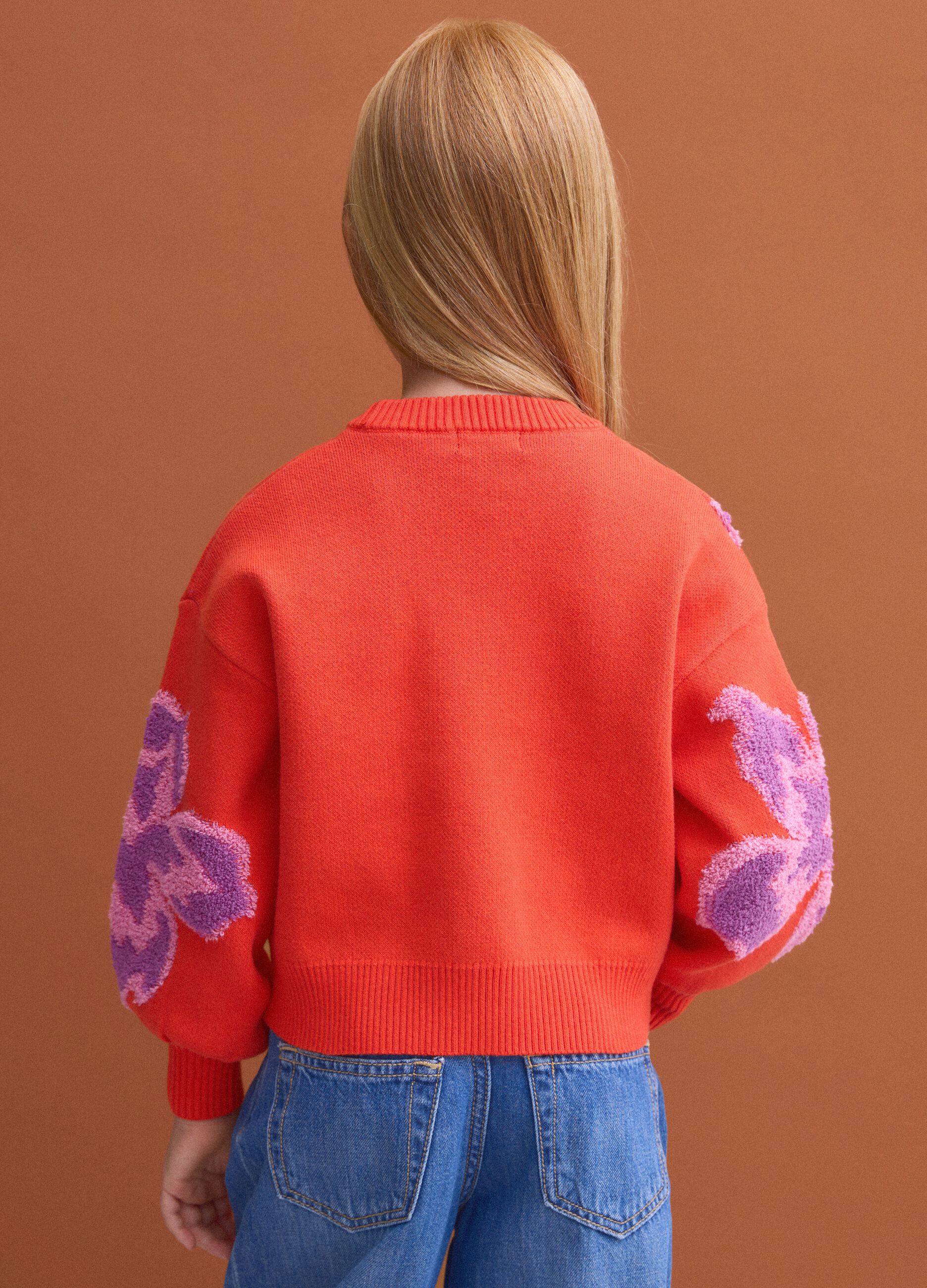 Red pure cotton crew-neck jumper with floral pattern for girls