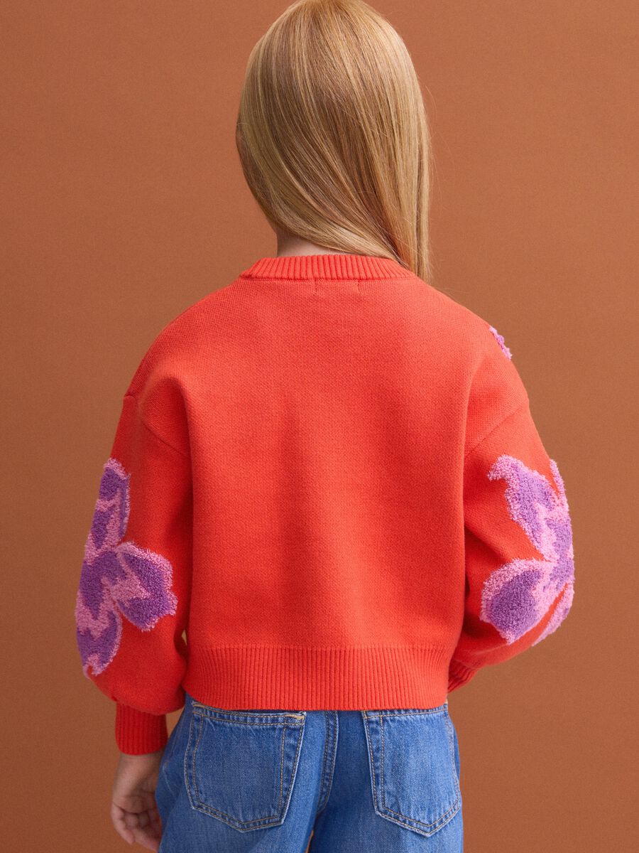 Red pure cotton crew-neck jumper with floral pattern for girls_2