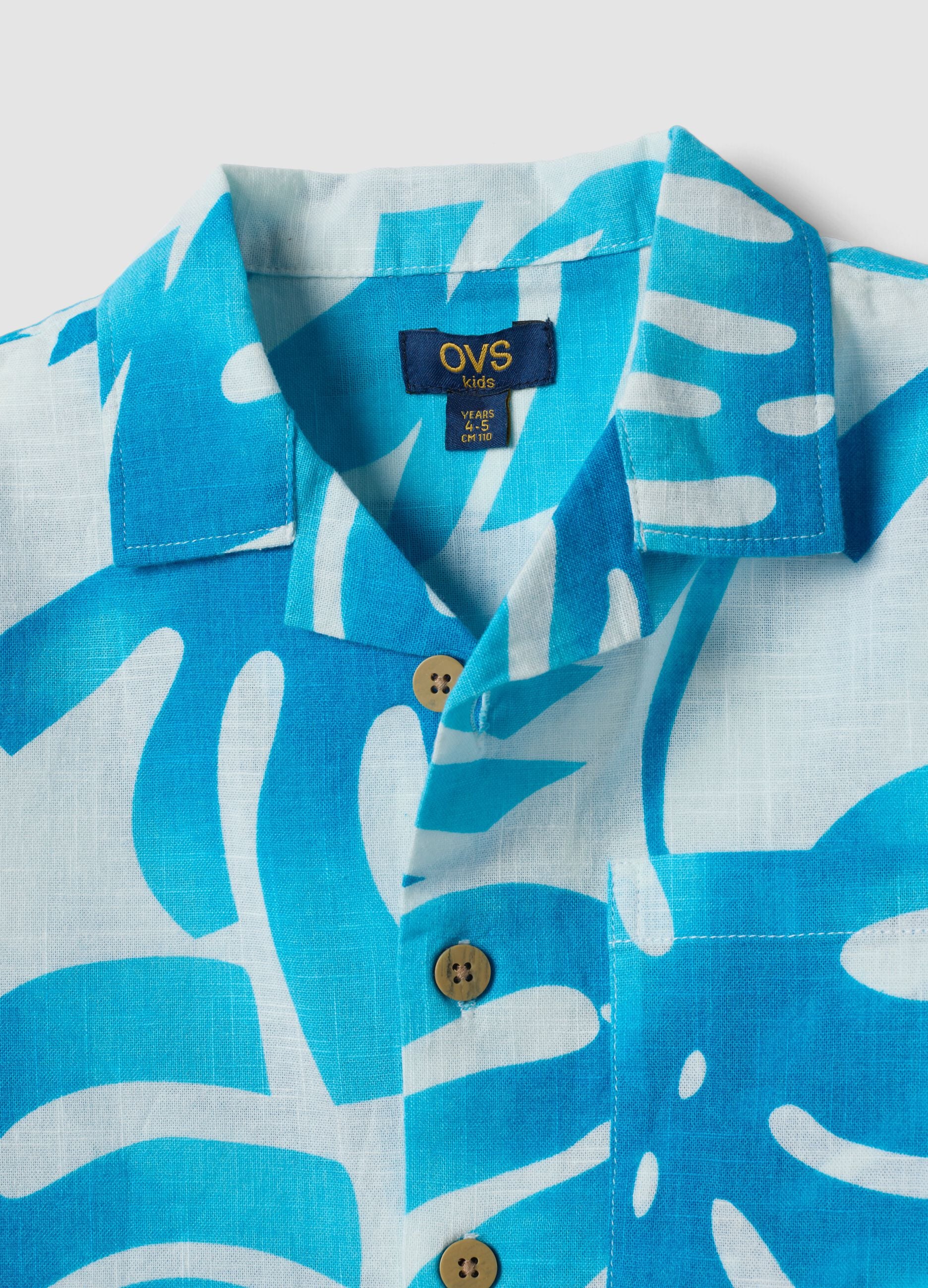 Blue and white pure cotton shirt with tropical print