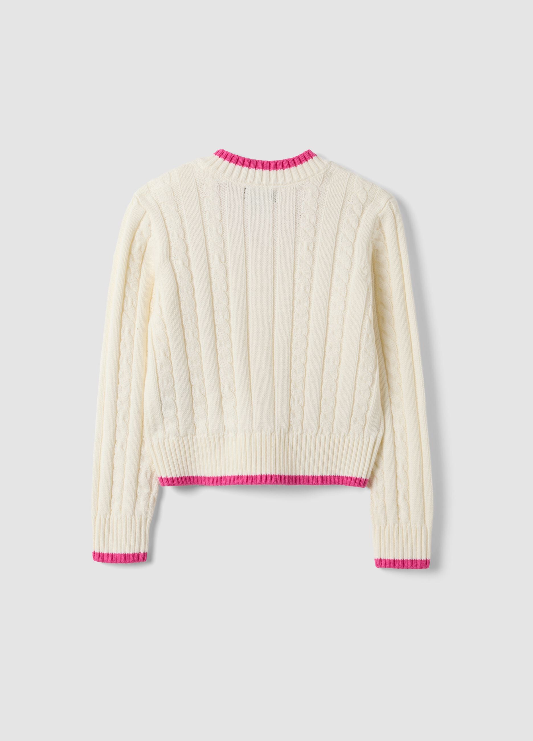 White pure cotton cable-knit V-neck jumper for girls