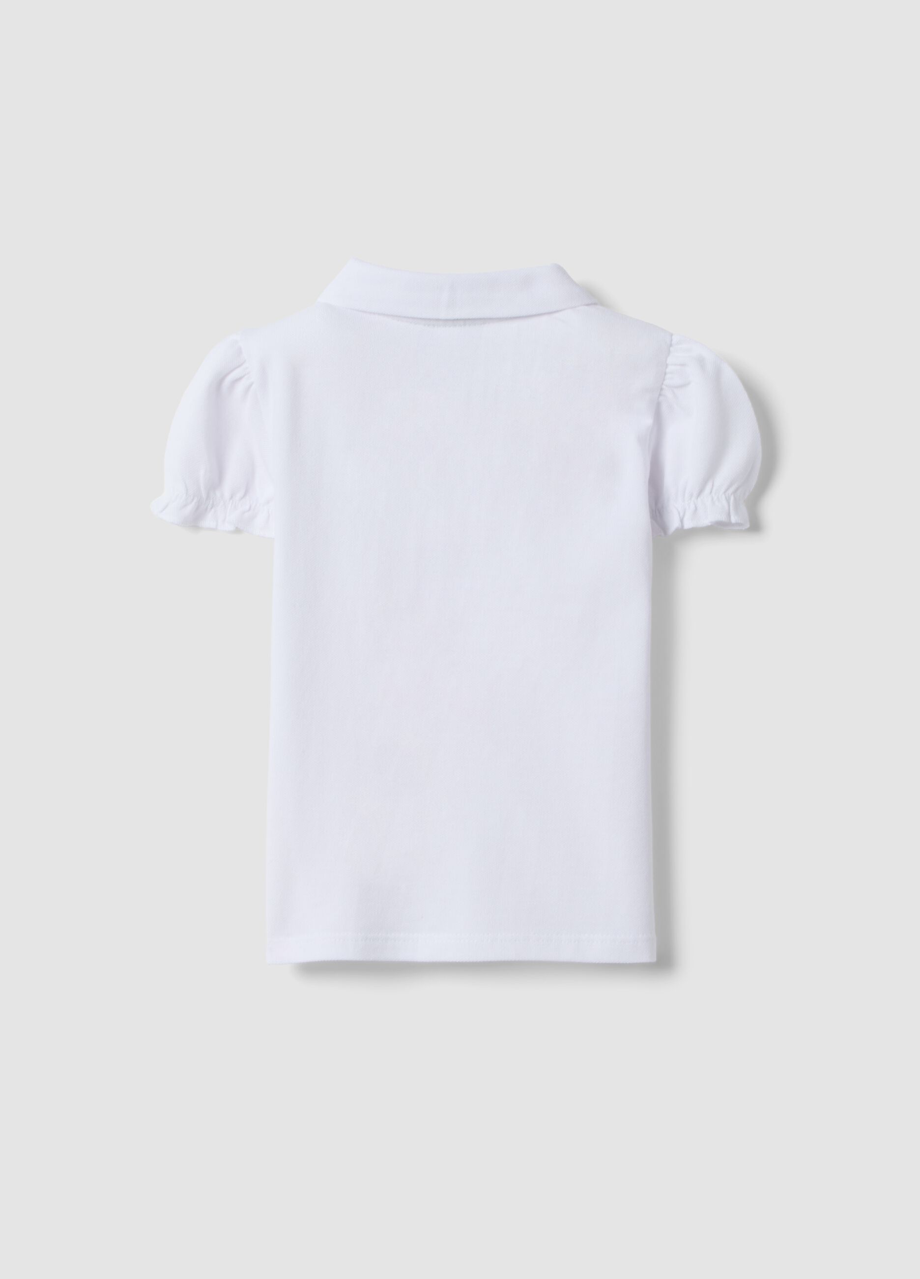White pure cotton polo for girls, regular fit with ruched sleeves
