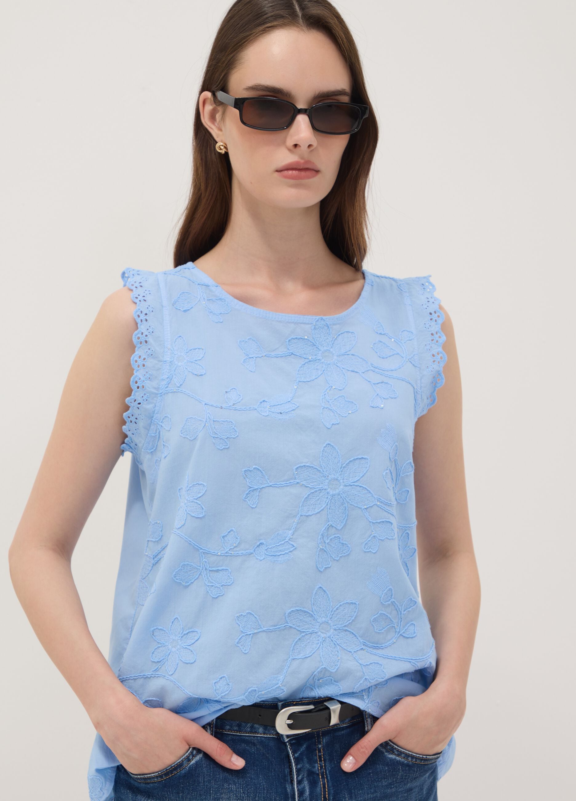 Sky-Blue Pure Cotton Blouse with Floral Embroidery, Regular Fit