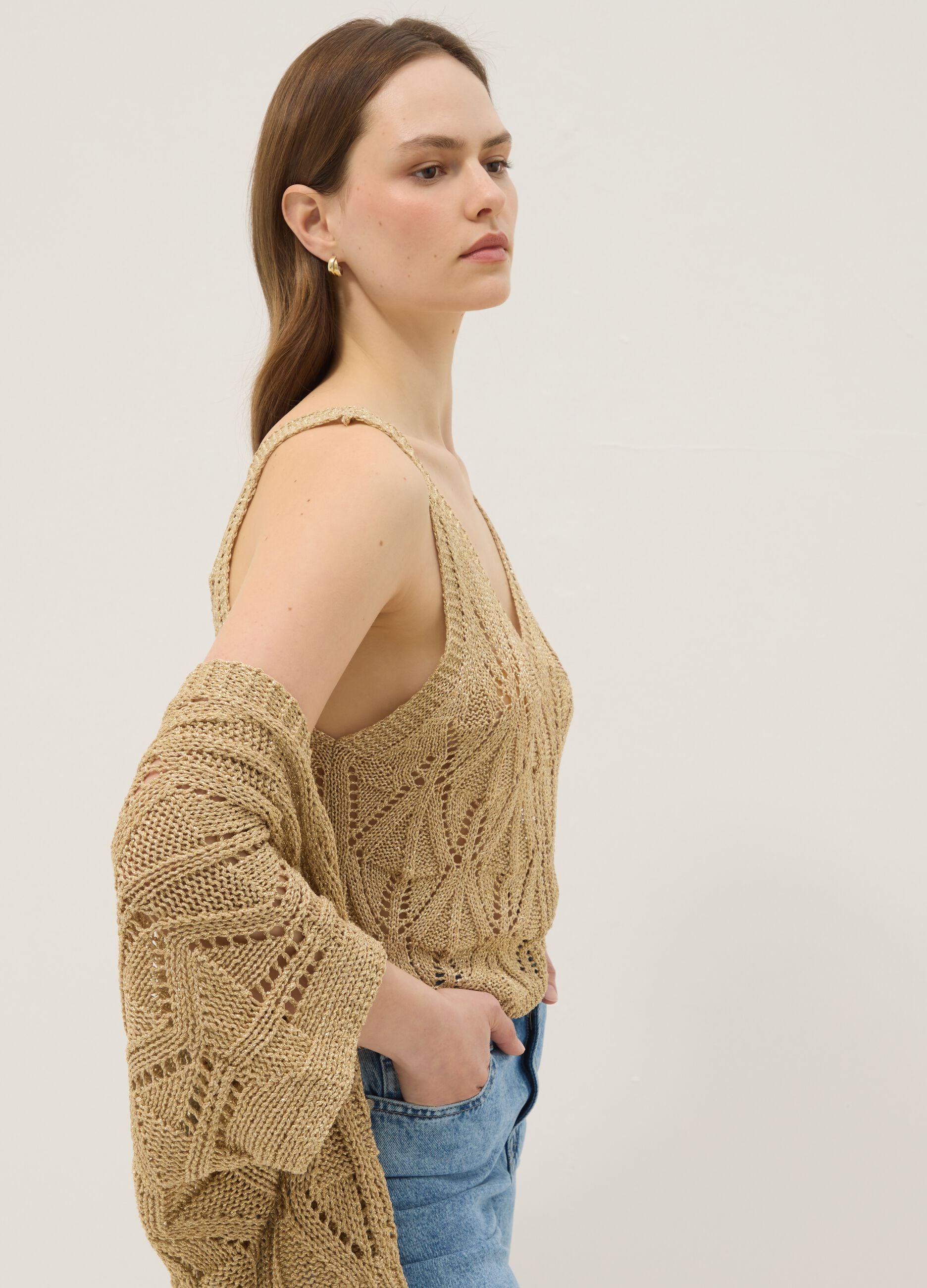 Beige open-knit viscose-blend top, regular fit