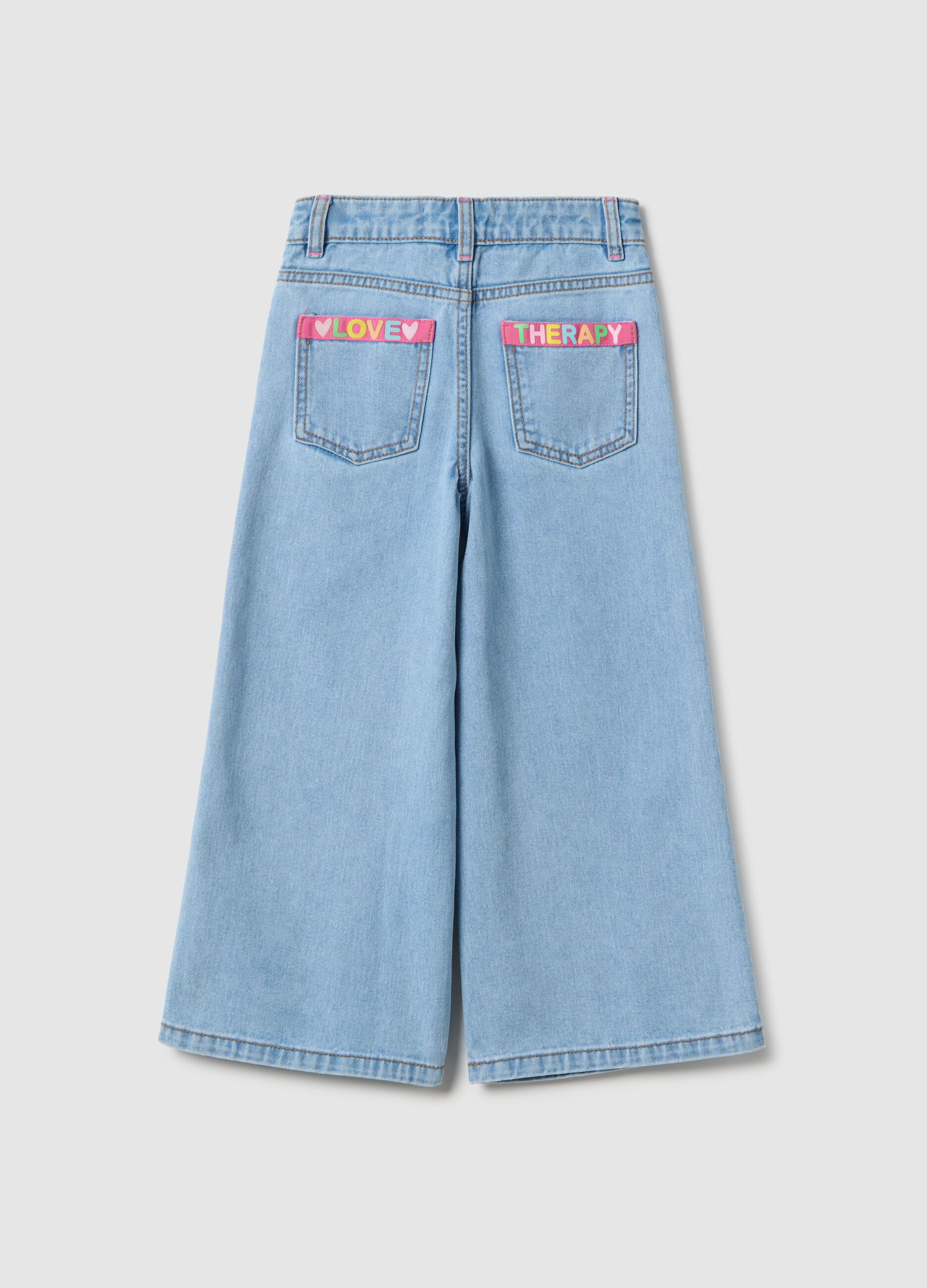 Girl's blue wide leg cotton jeans with embroidery