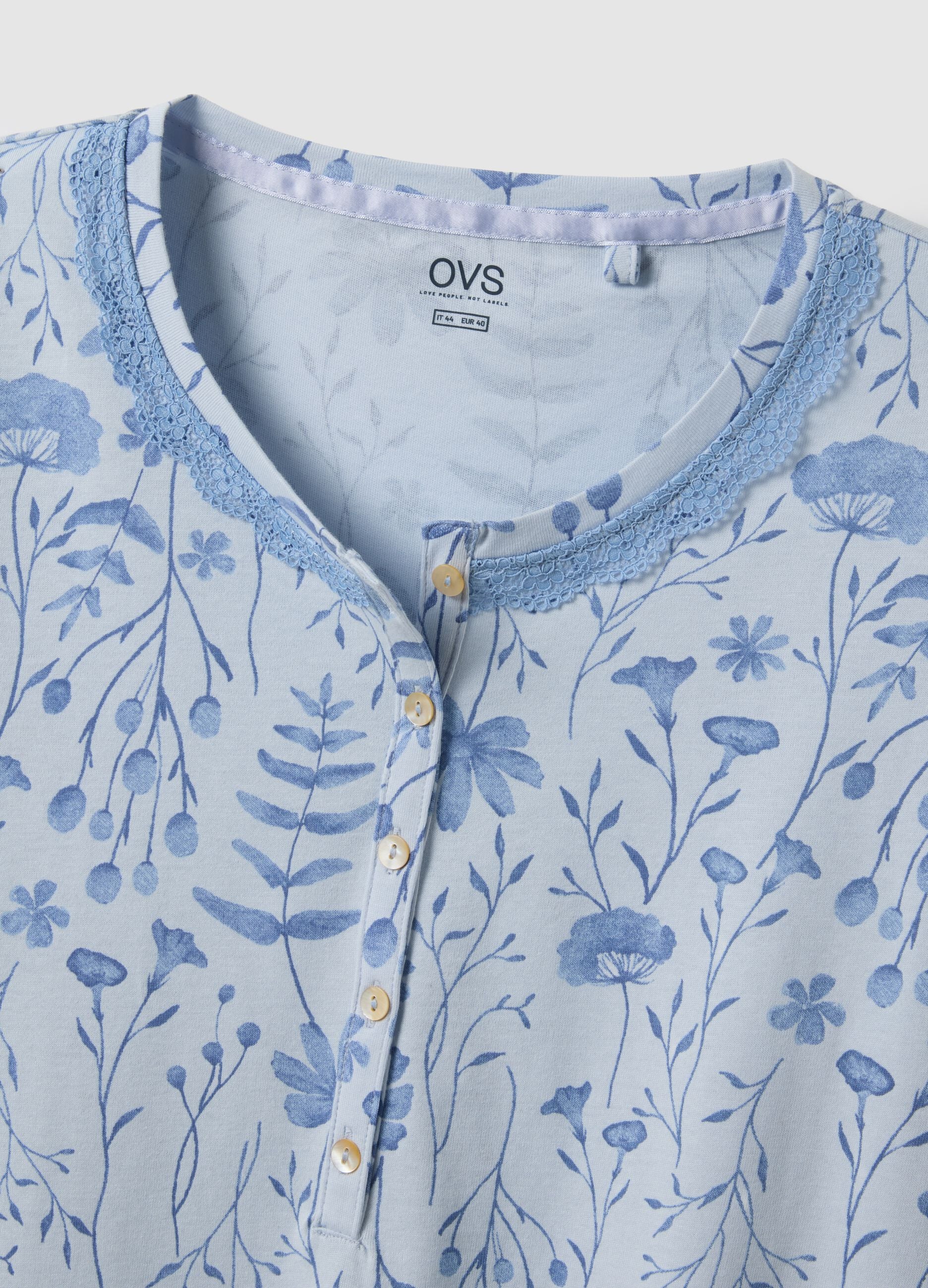 Blue pure cotton nightdress with serafino neckline