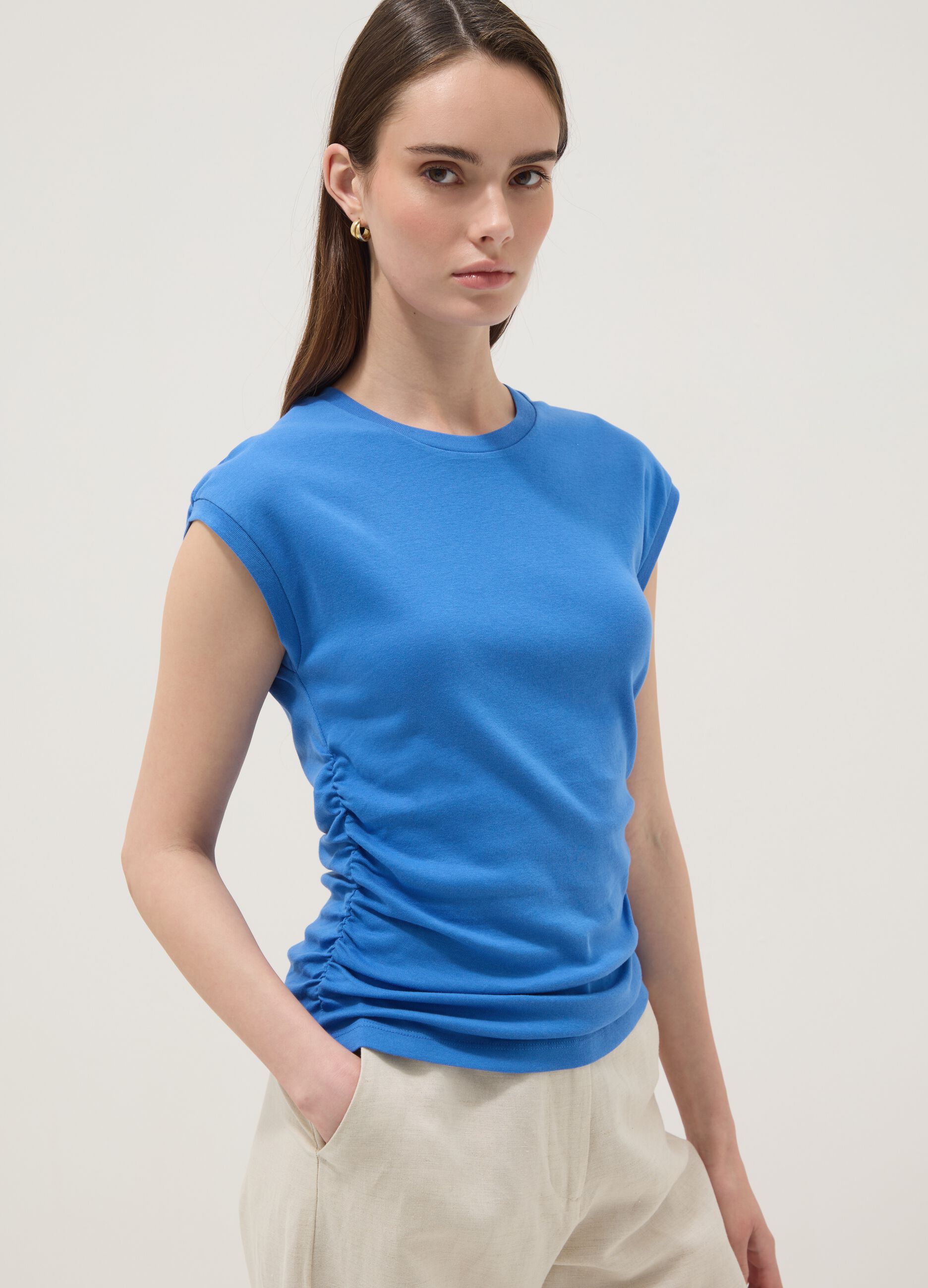 Blue pure cotton tank top with side ruching, regular fit