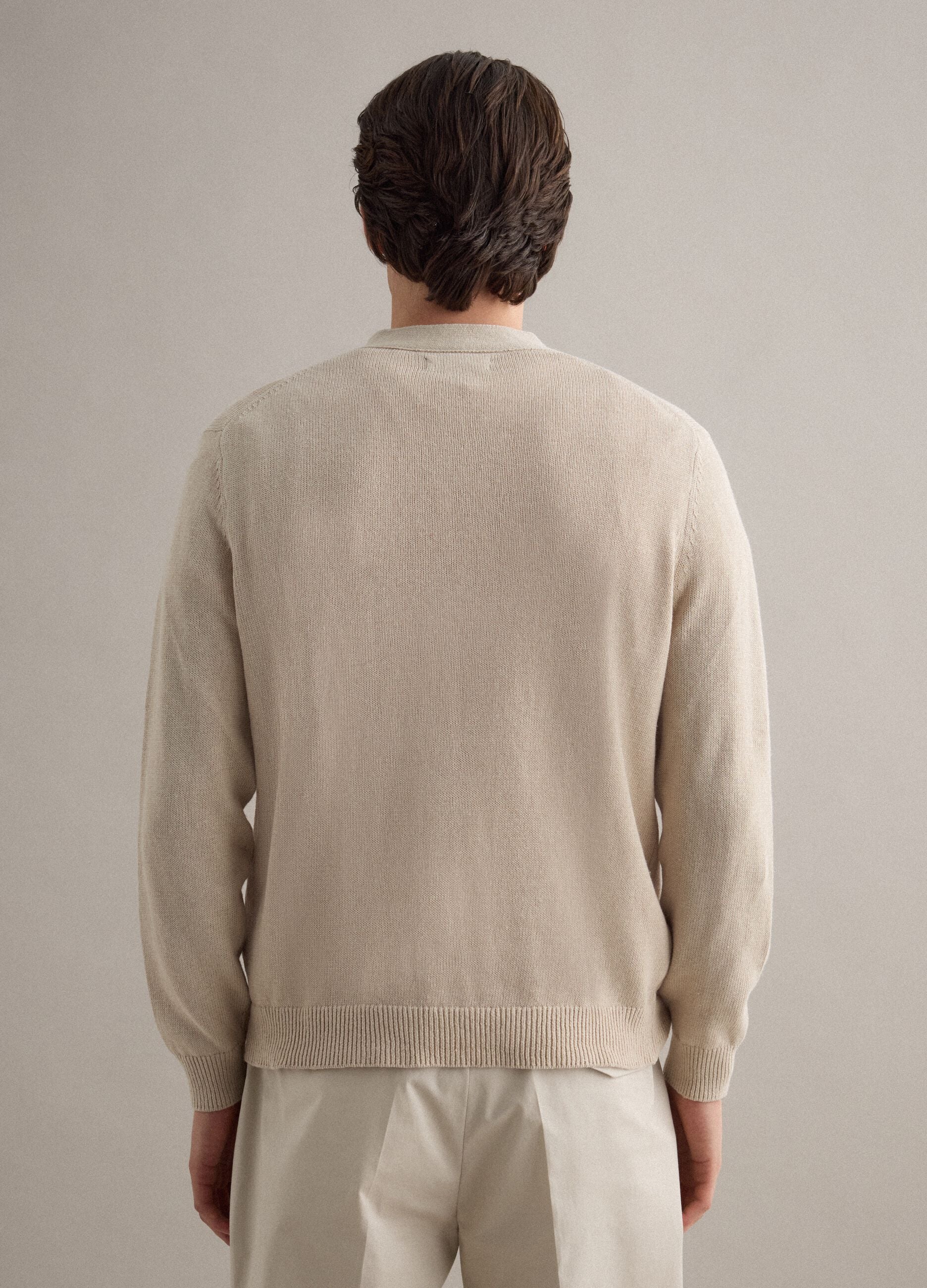 Beige deep V regular fit cotton and linen blend cardigan