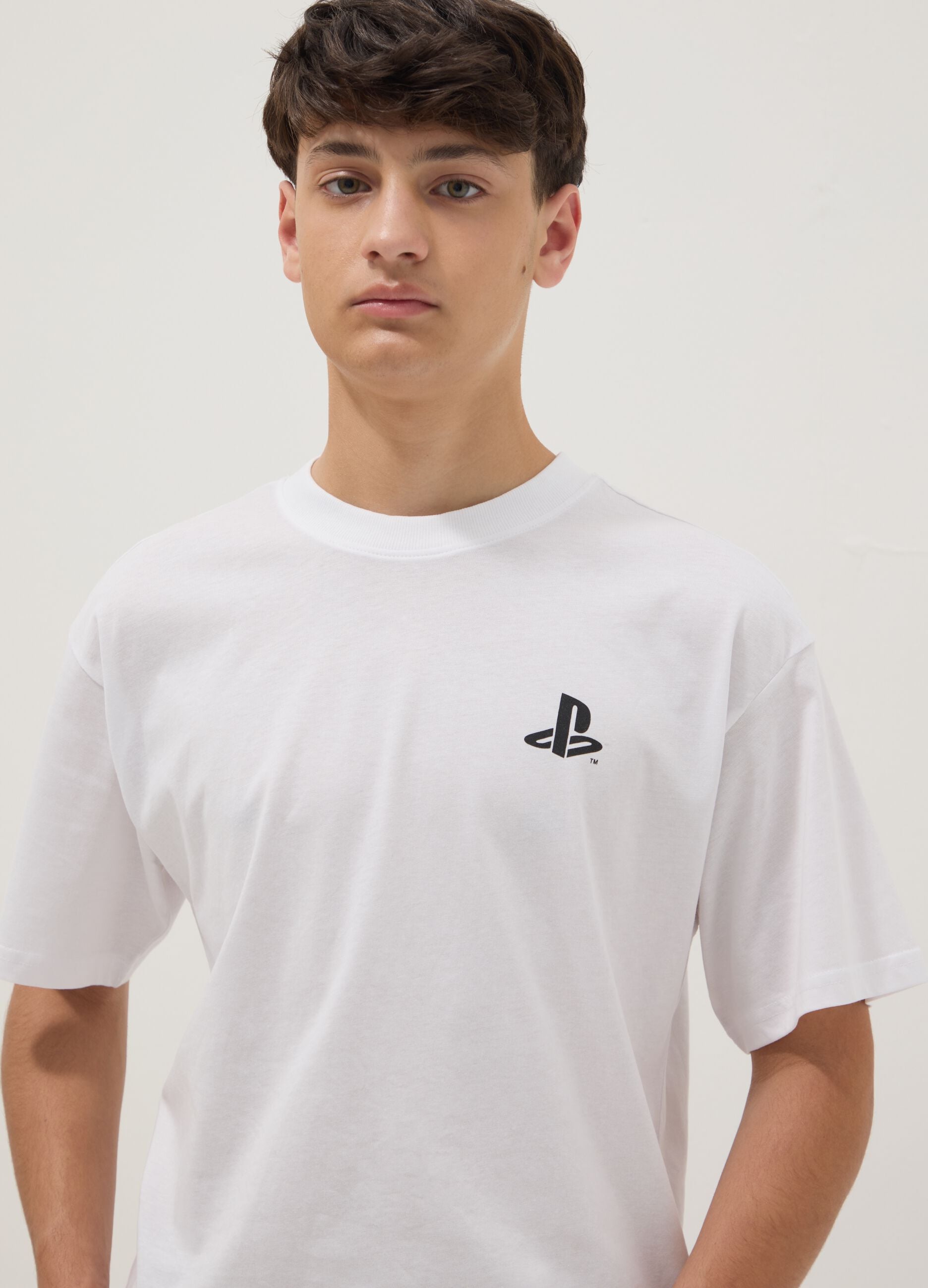 T-shirt bianca da ragazzo con logo Playstation in puro cotone relaxed fit