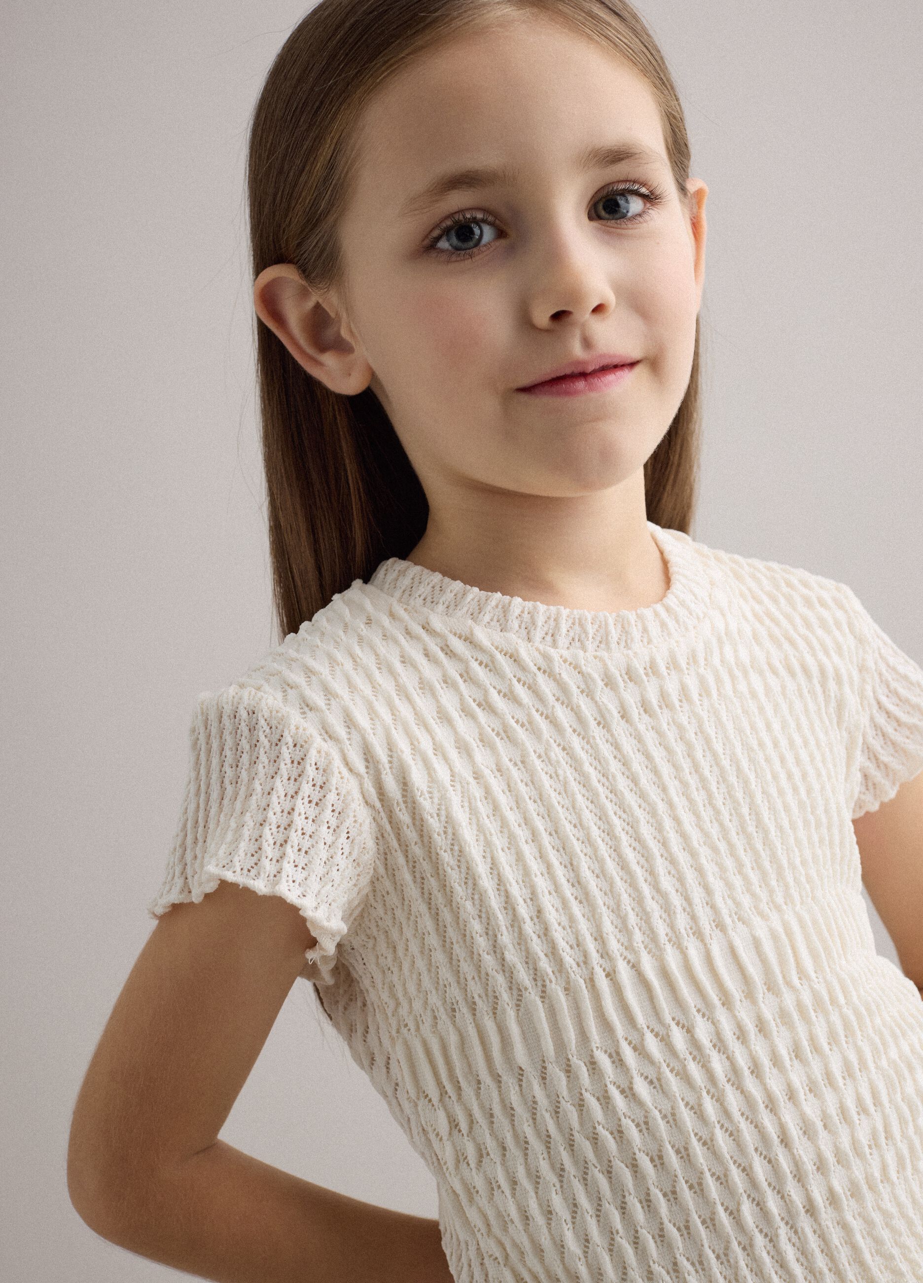 Girls&rsquo; white stretch-fabric T-shirt, regular fit