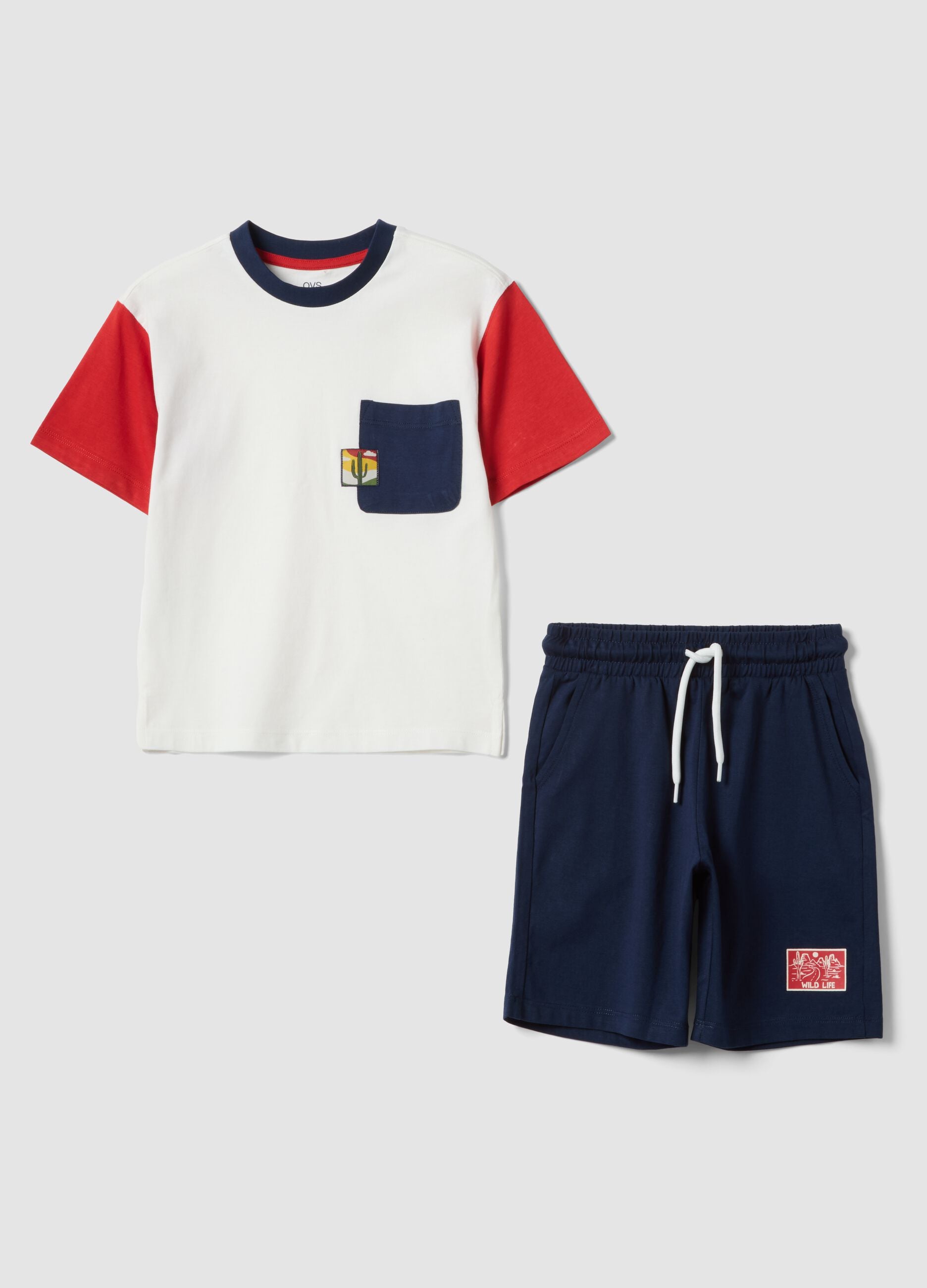 White and blue pure cotton set with T-shirt and shorts