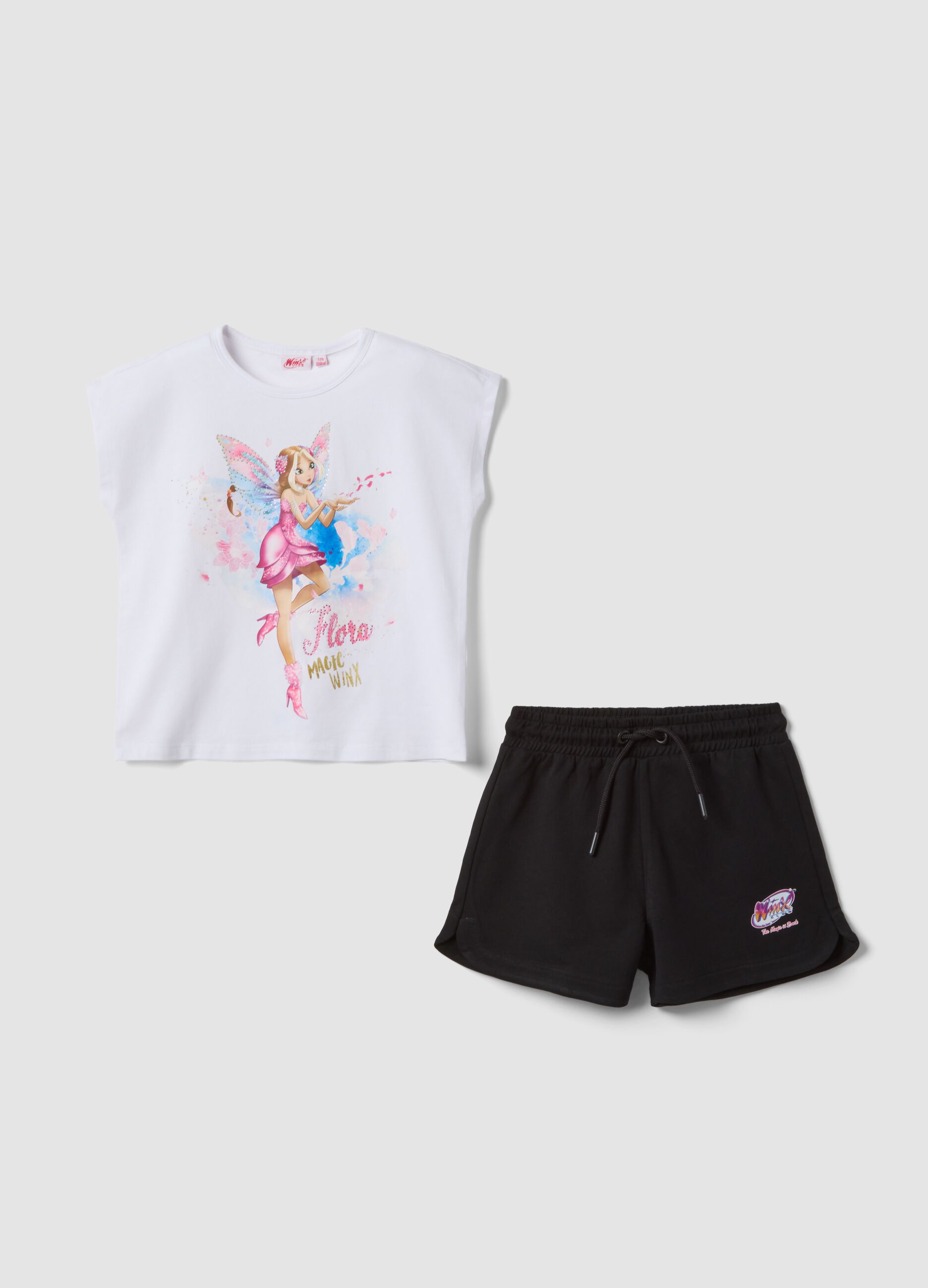 Black and white stretch cotton set with T-shirt and shorts for girls, regular fit
