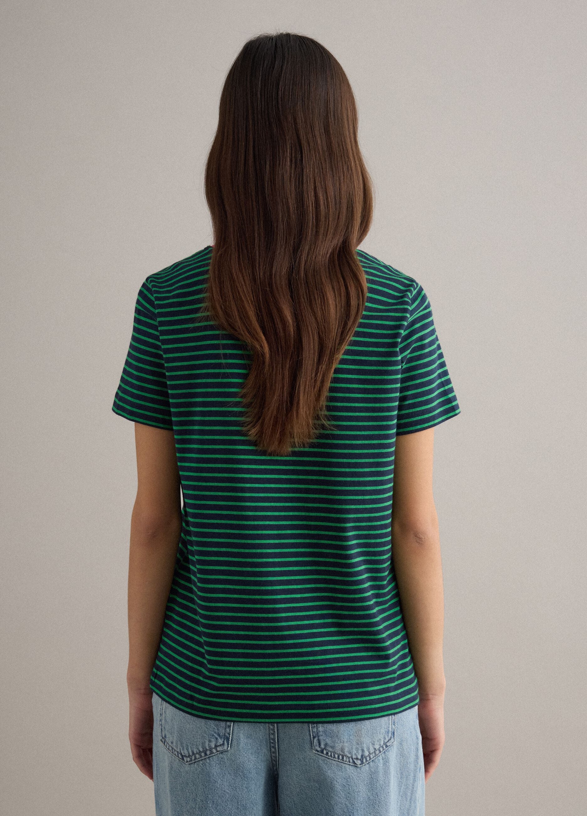Green striped pure cotton regular fit T-shirt