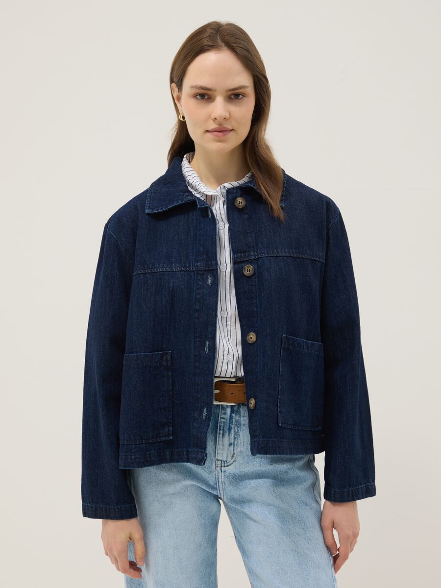 Blue regular fit pure cotton denim jacket with pockets_0