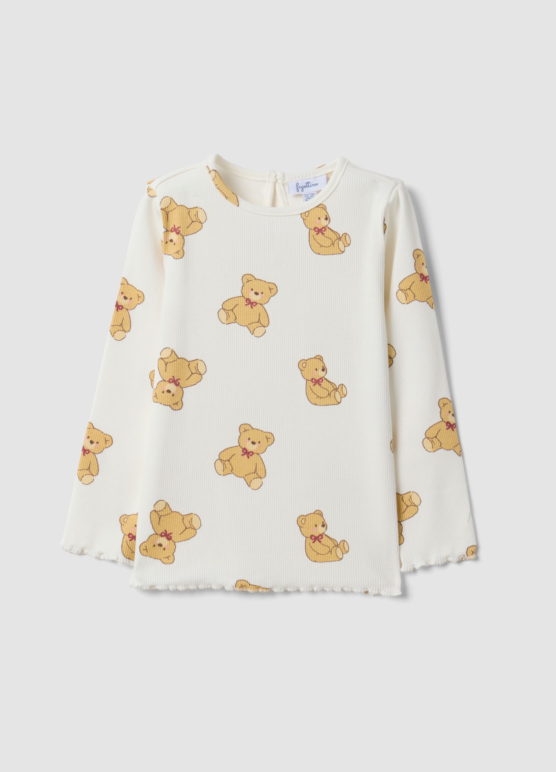 White stretchy organic cotton T-shirt with teddy bear print for baby girl