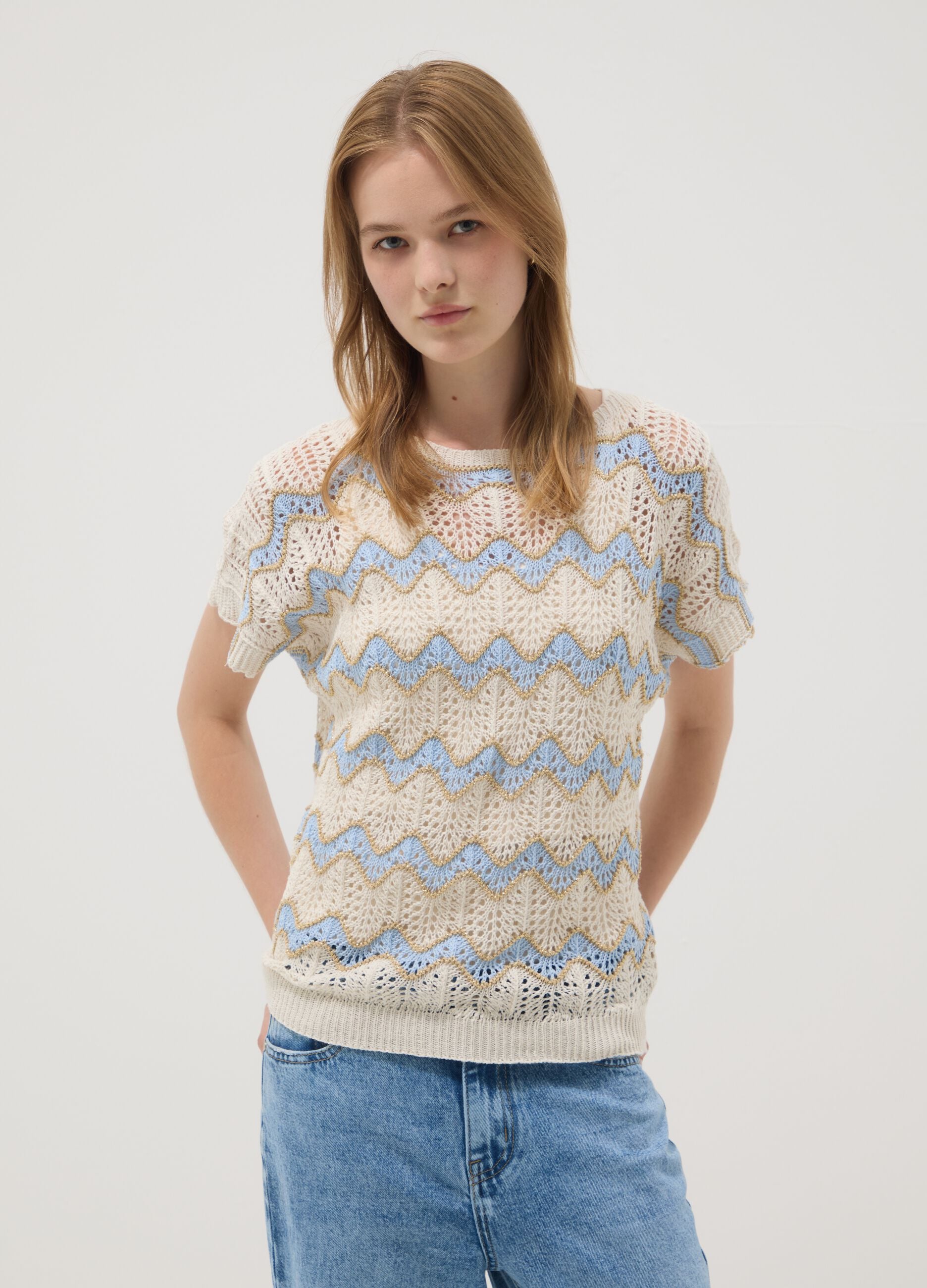 Beige open-knit top with light blue stripes in stretch cotton, regular fit