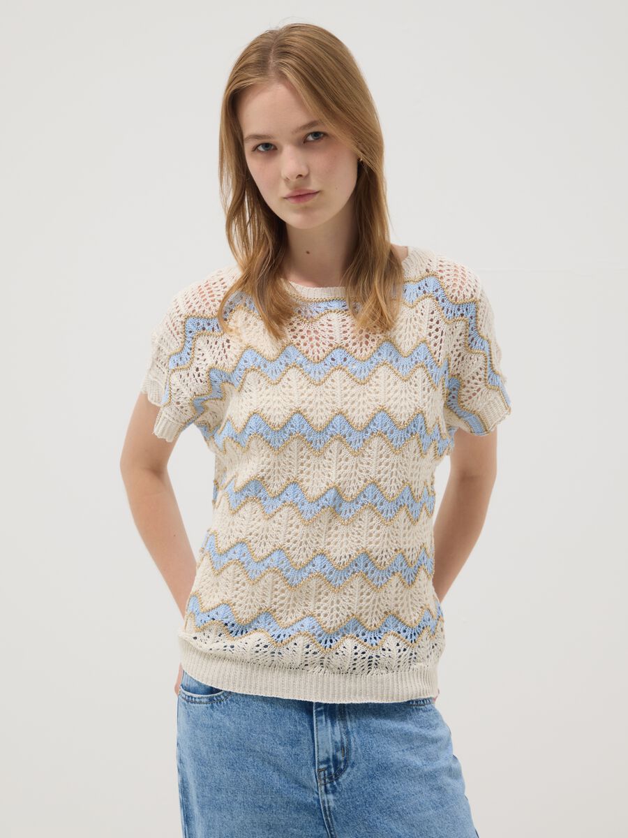 Beige open-knit top with light blue stripes in stretch cotton, regular fit_1