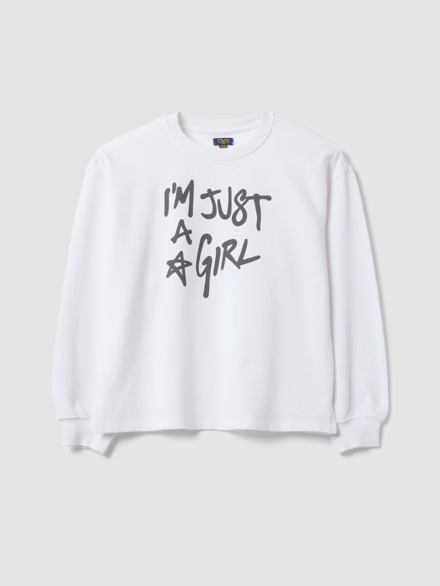 White pure cotton sweatshirt with front slogan, relaxed fit for girls_3