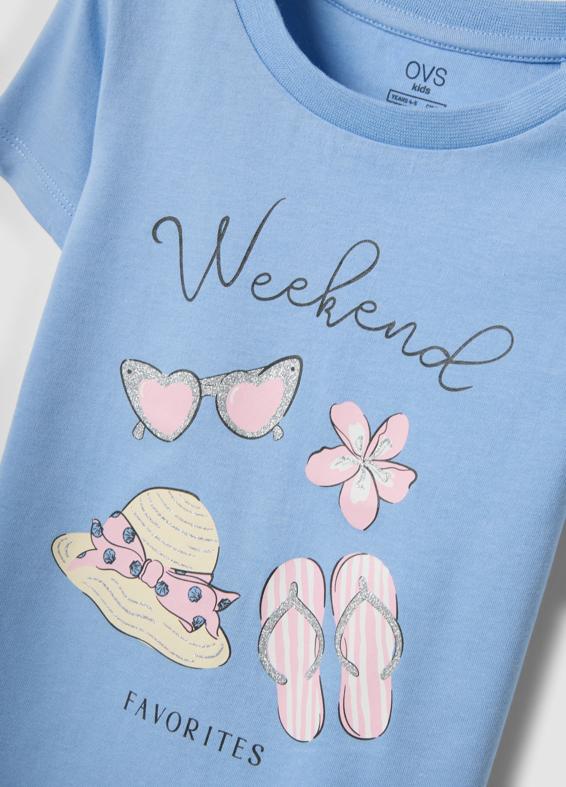 Girls&rsquo; light blue pure organic cotton T-shirt with print and glitter