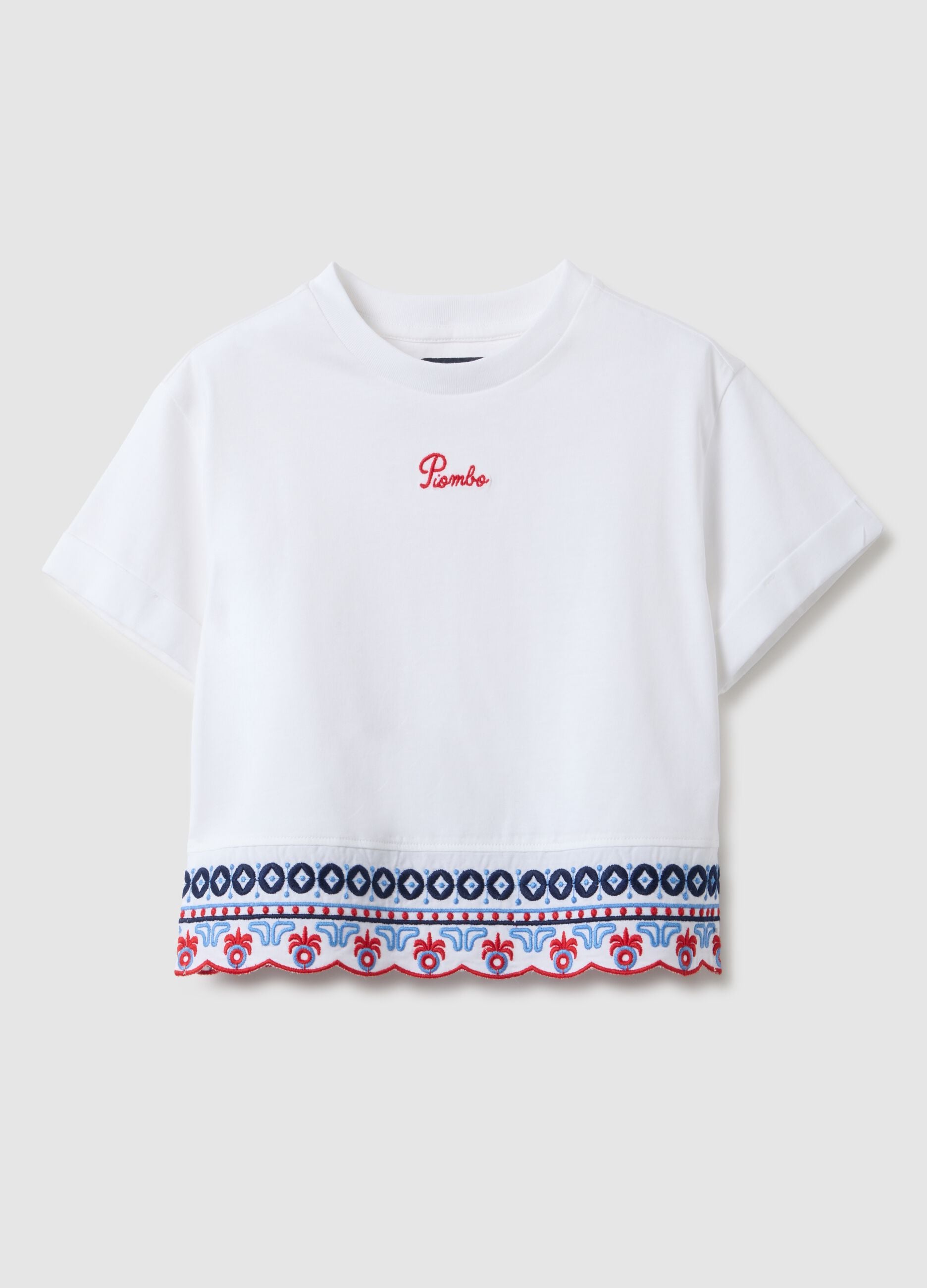 Girls' white pure cotton T-shirt regular fit with embroidery