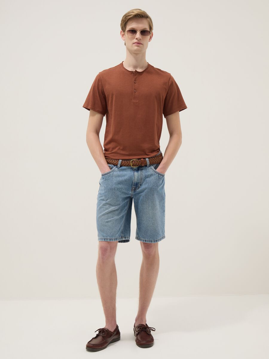 Brown pure cotton regular fit T-shirt with Henley collar_1