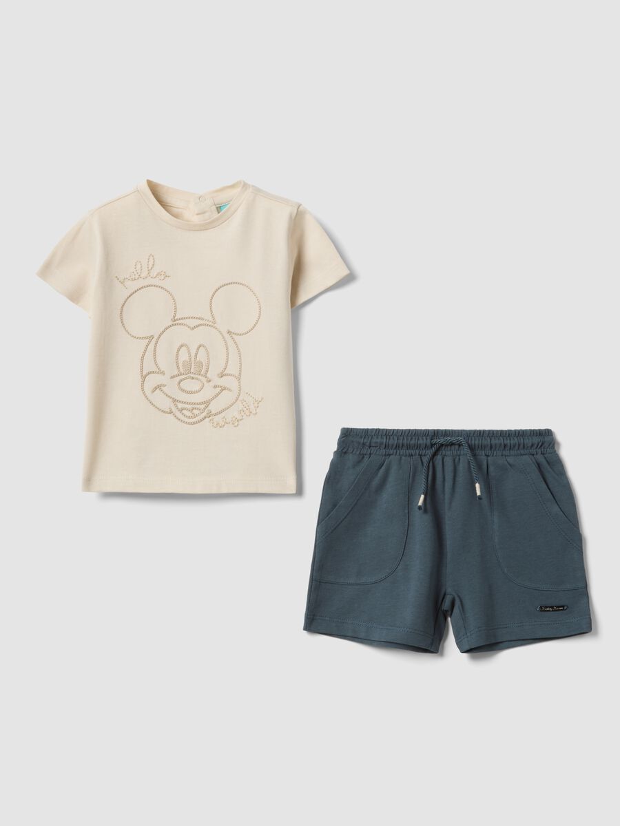 Beige pure cotton Mickey Mouse print T-shirt set for babies_0