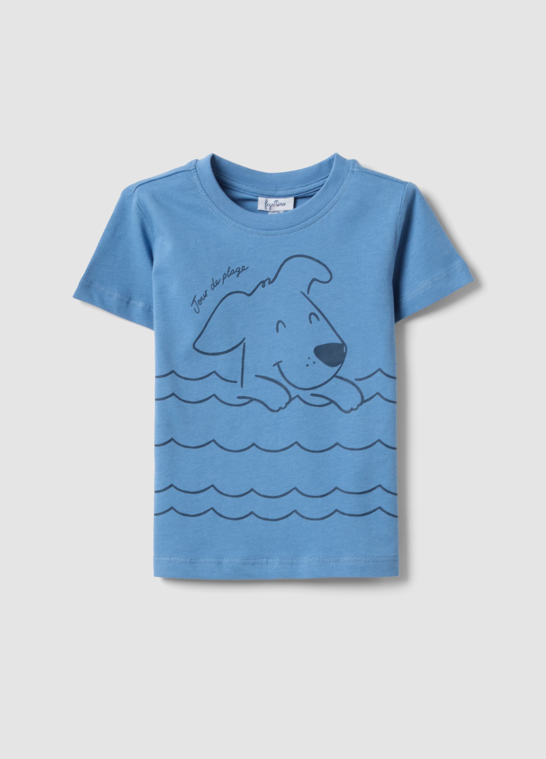Blue pure cotton kid&rsquo;s T-shirt with regular fit and dog print