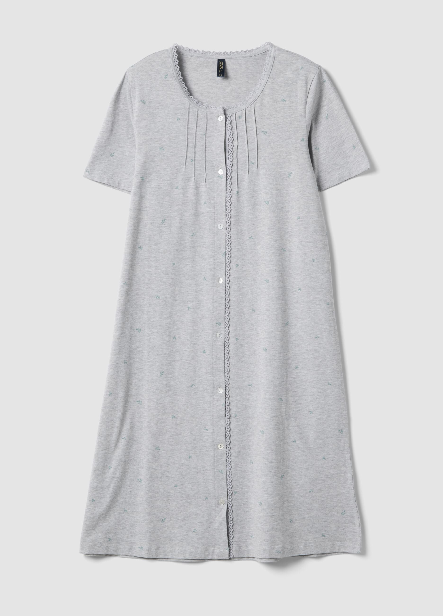 Grey organic cotton blend nightdress with buttons and embroidery