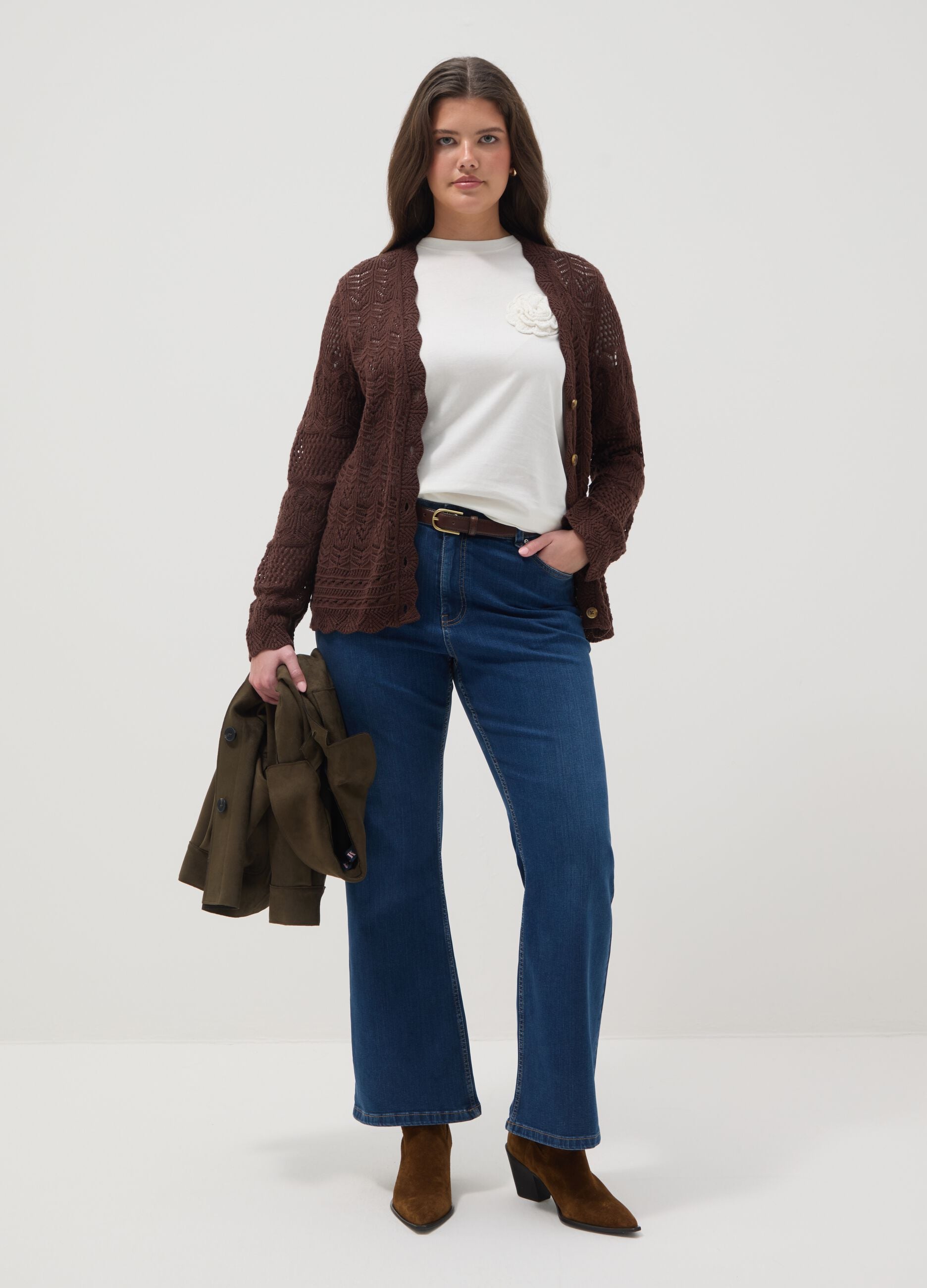 Brown pure cotton cardigan regular fit with lace pattern