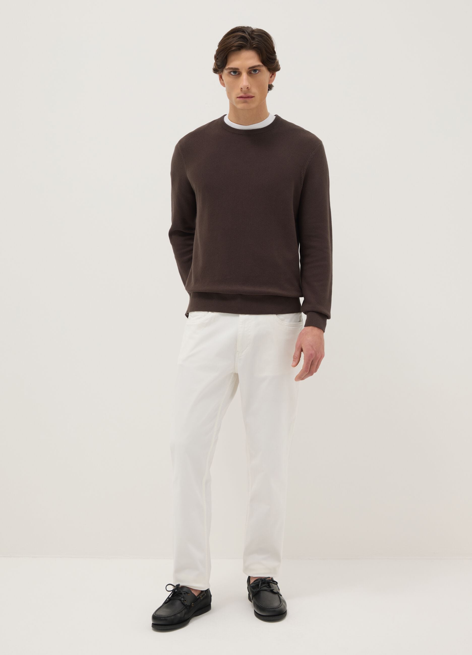 Brown crew neck sweater in pure cotton regular fit