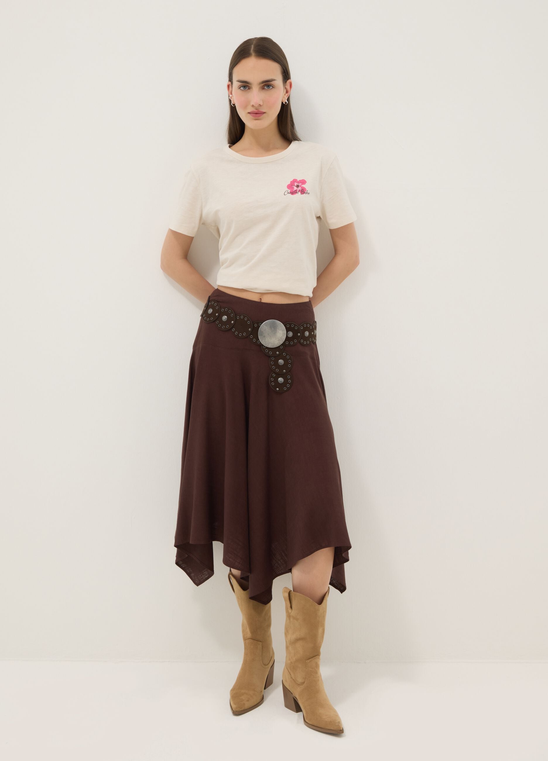 Beige pure cotton relaxed-fit T-shirt with floral print
