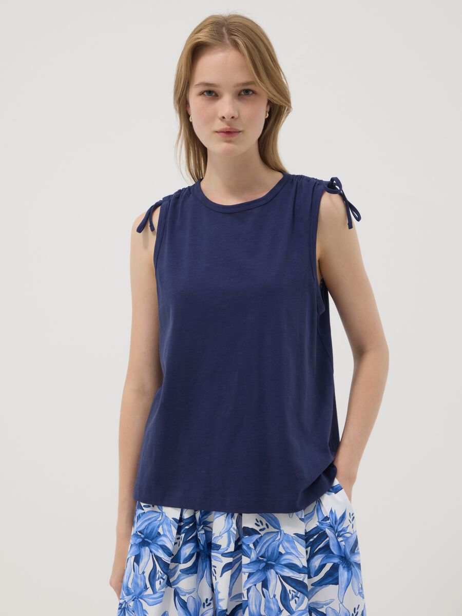 Blue pure cotton tank top with shoulder ties_1