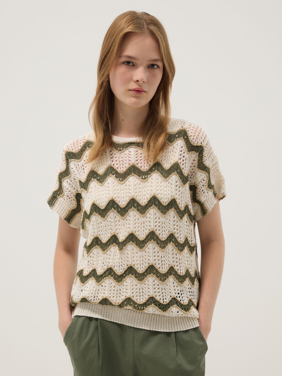 Beige open-knit striped top with green detailing in stretch cotton, regular fit_1