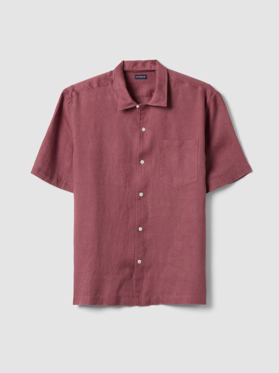 Regular fit pink short sleeve pure linen shirt with pocket_5