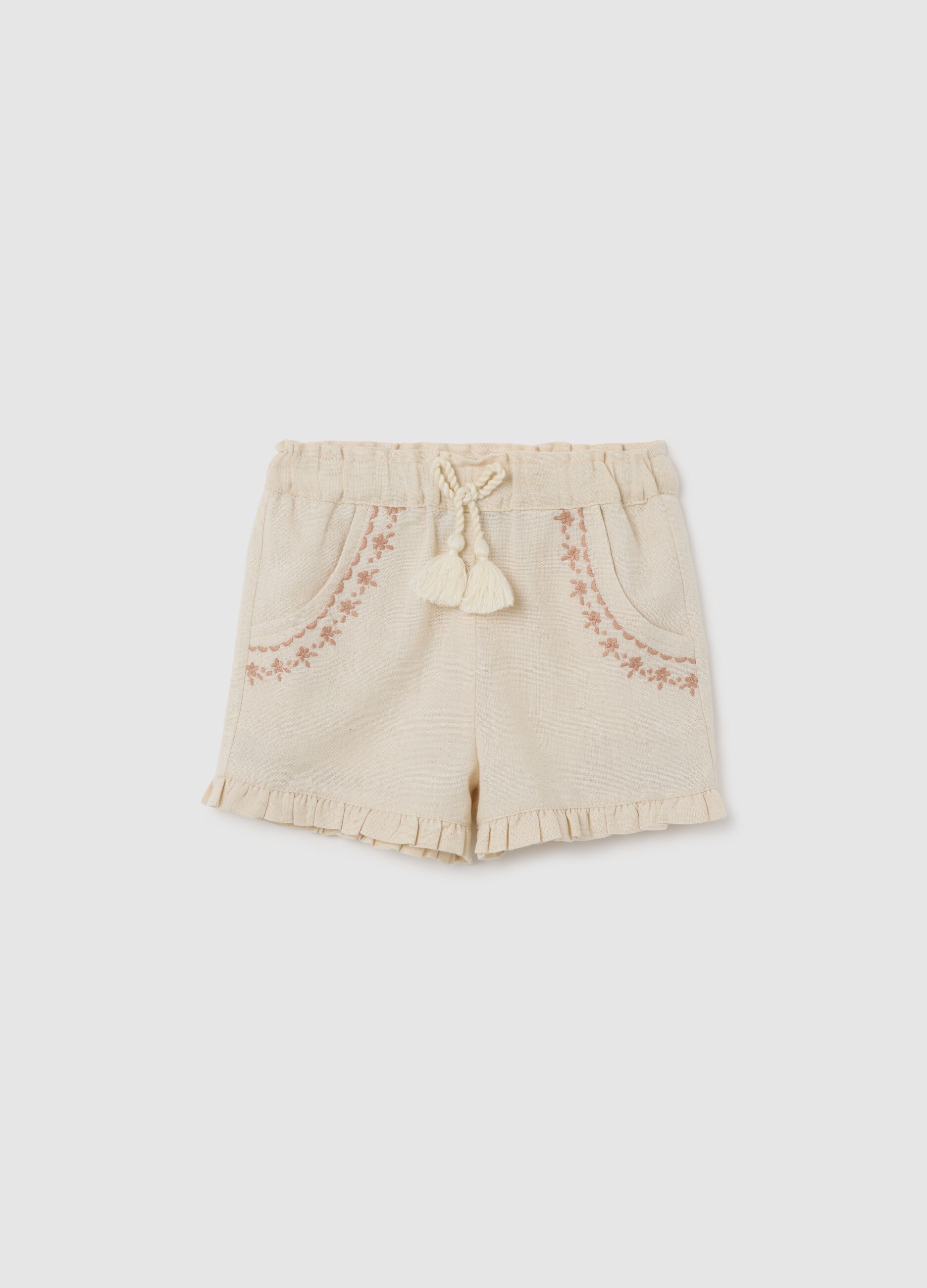 Baby girls&rsquo; beige regular-fit shorts in cotton with fringe